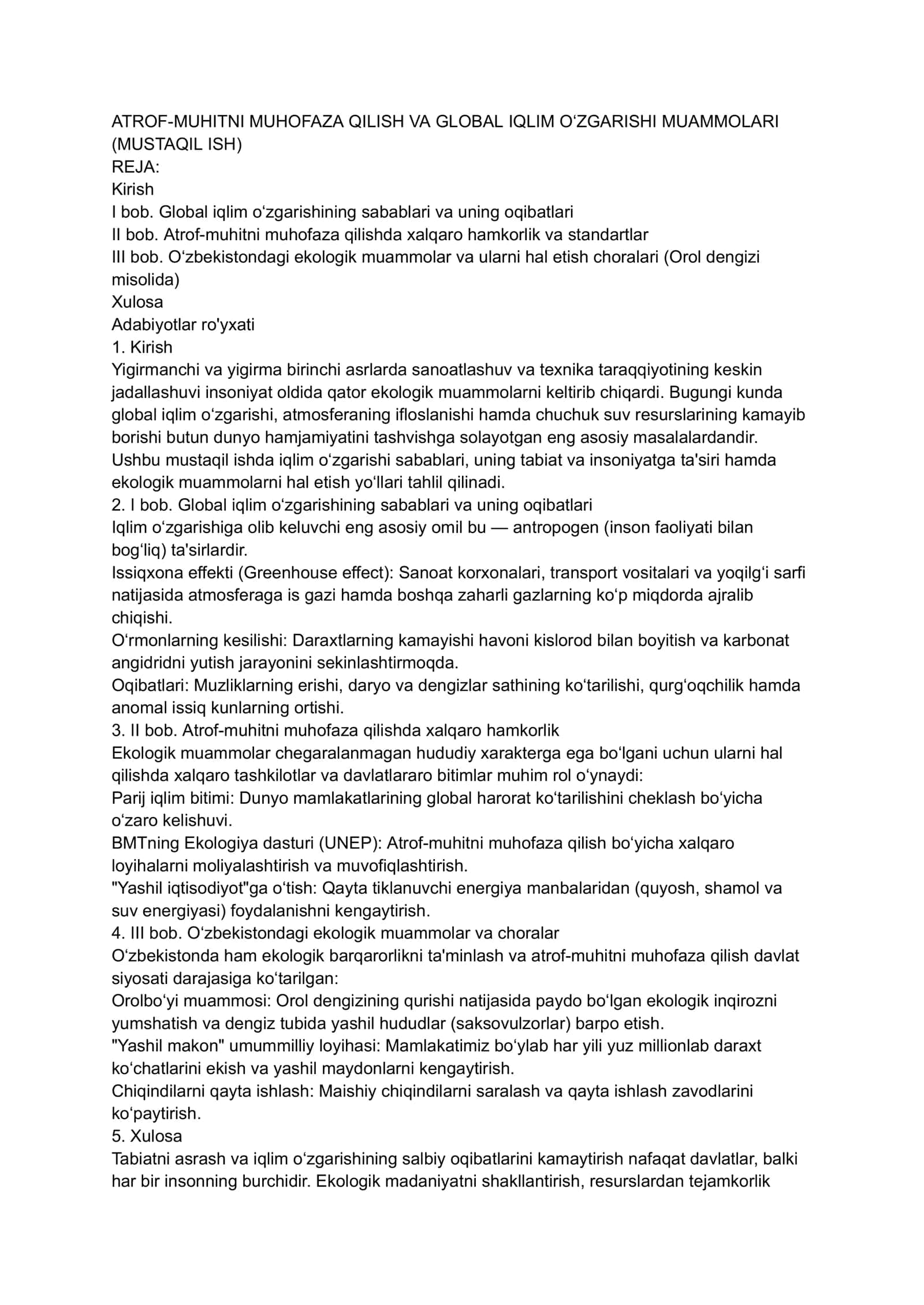 ATROF-MUHITNI MUHOFAZA QILISH VA GLOBAL IQLIM OʻZGARISHI MUAMMOLARI