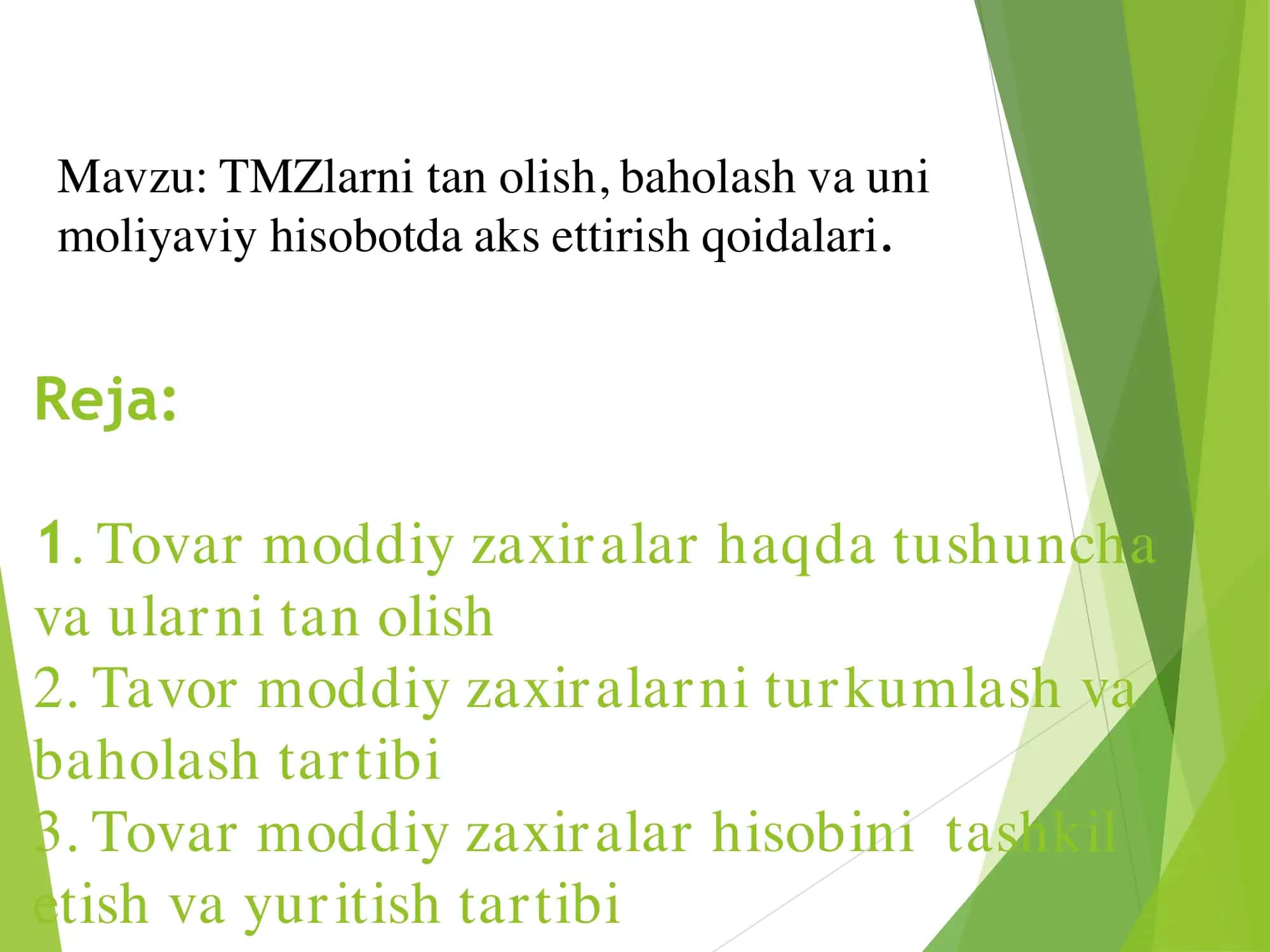 Tovar-moddiy zaxiralar haqida tushuncha va ularni tan olish