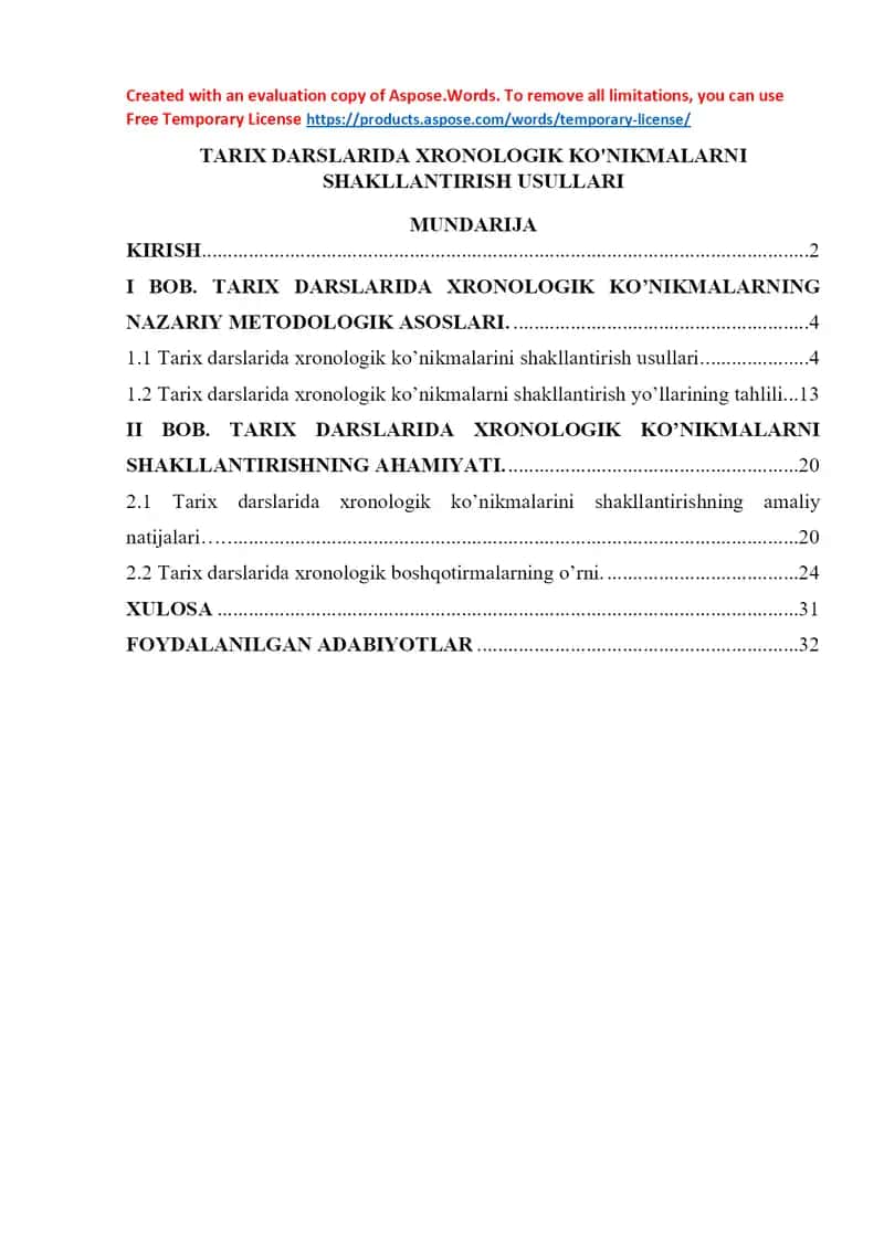 TARIX DARSLARIDA XRONOLOGIK KO'NIKMALARNI SHAKLLANTIRISH USULLARI