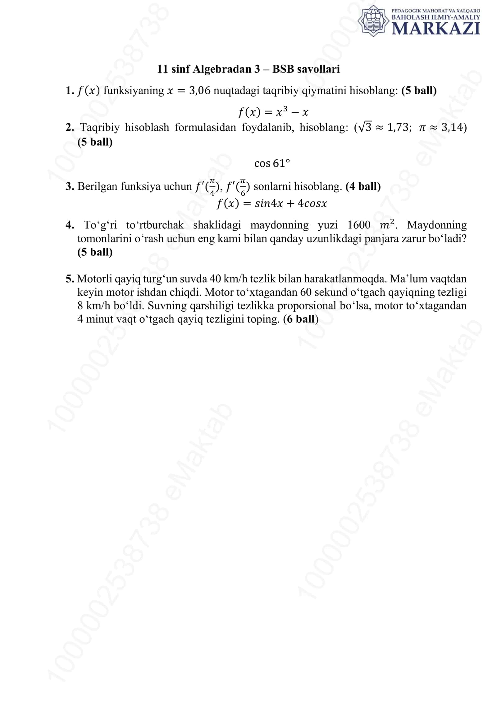 11 sinf Algebradan 3 – BSB savollari