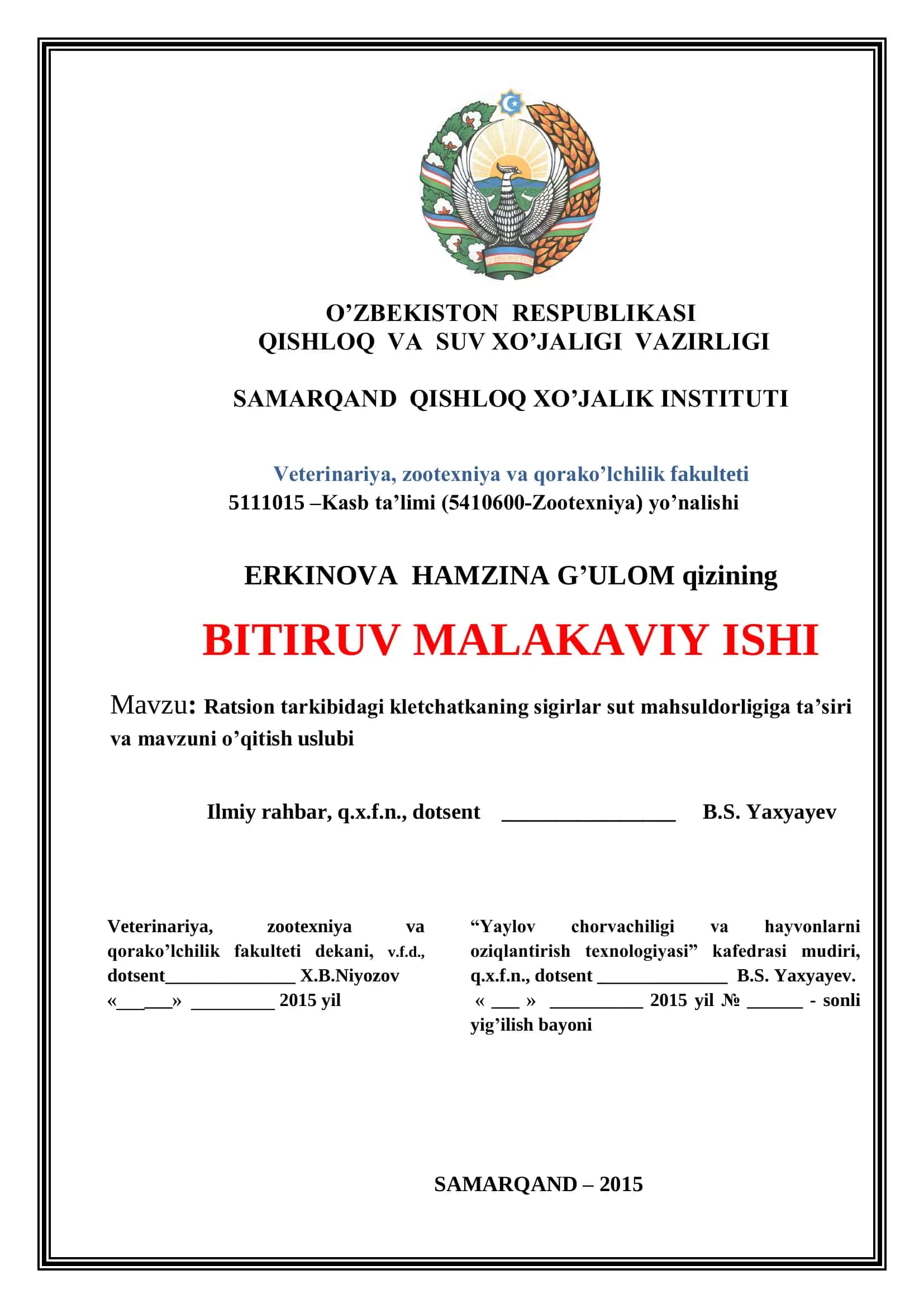Kasb taʼlimi (5410600Zootexniya) yoʼnalishi