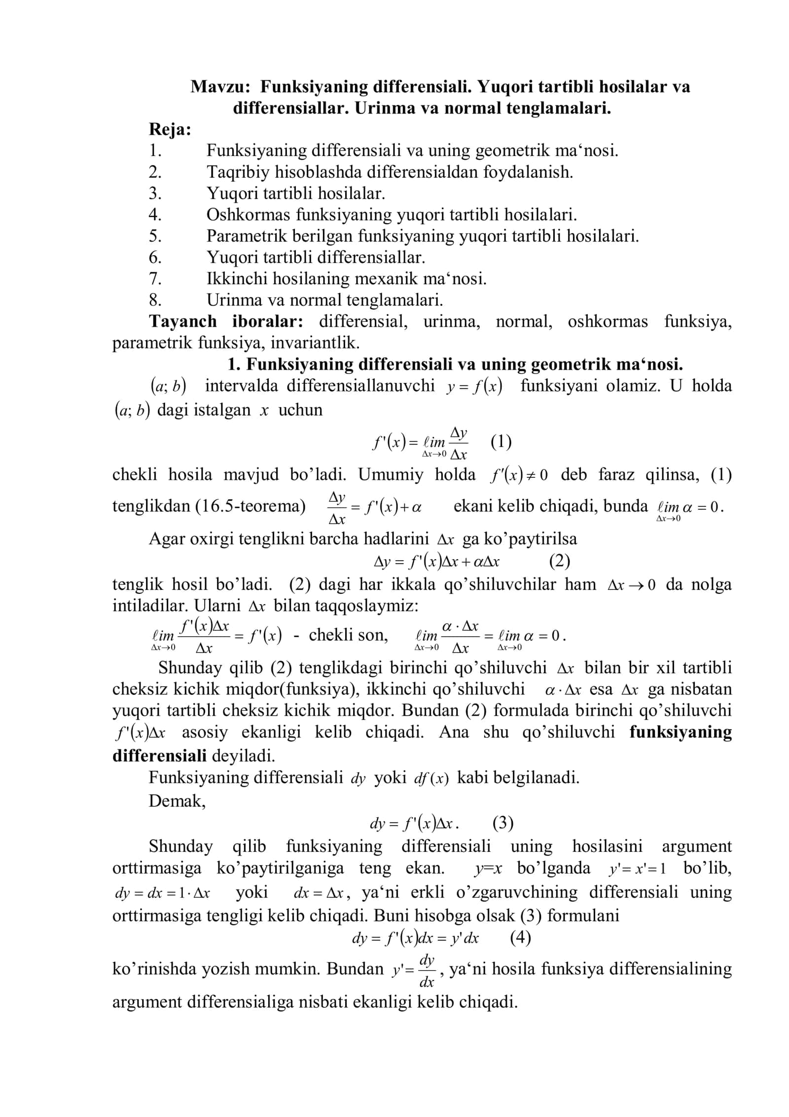Funksiyaning differensiali. Yuqori tartibli hosilalar va differensiallar