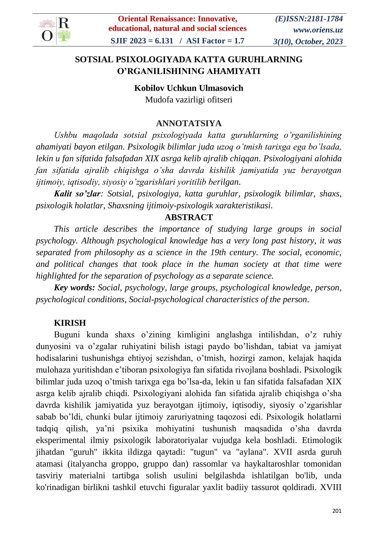 SOTSIAL PSIXOLOGIYADA KATTA GURUHLARNING O’RGANILISHINING AHAMIYATI