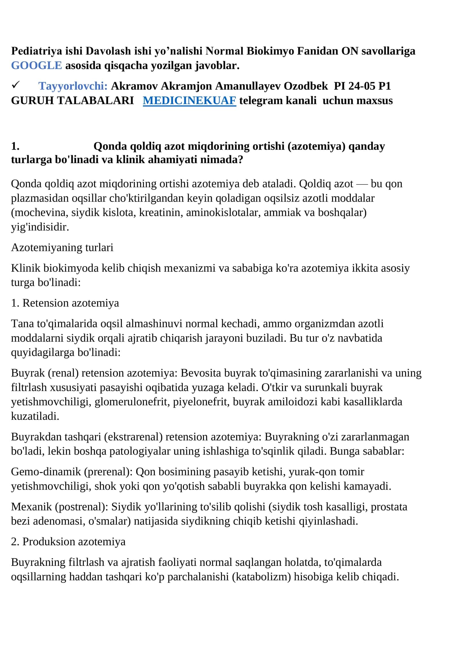 Pediatriya ishi Davolash ishi yo’nalishi Normal Biokimyo Fanidan ON savollariga GOOGLE asosida qisqacha yozilgan javoblar