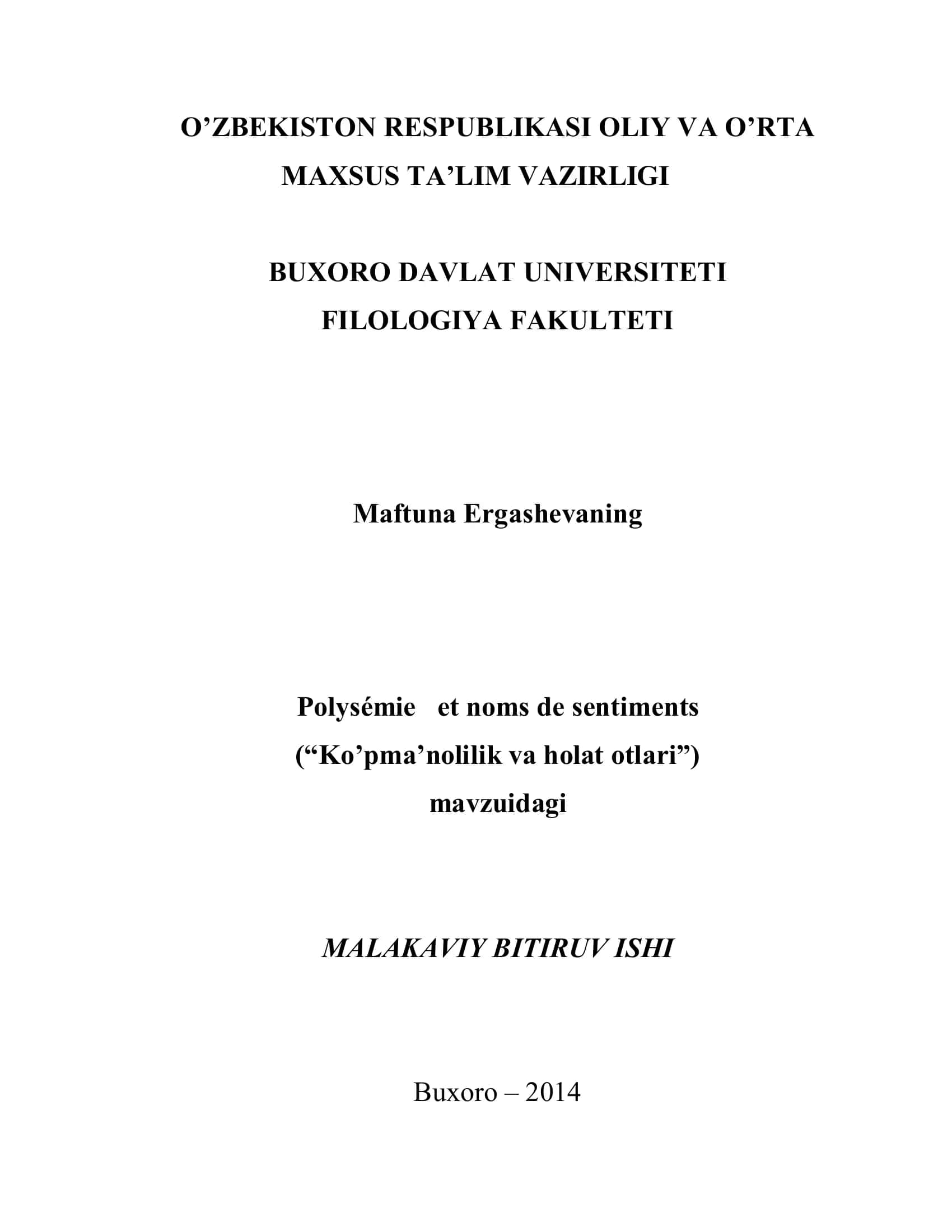 Maftuna Ergashevaning Polysémie et noms de sentiments