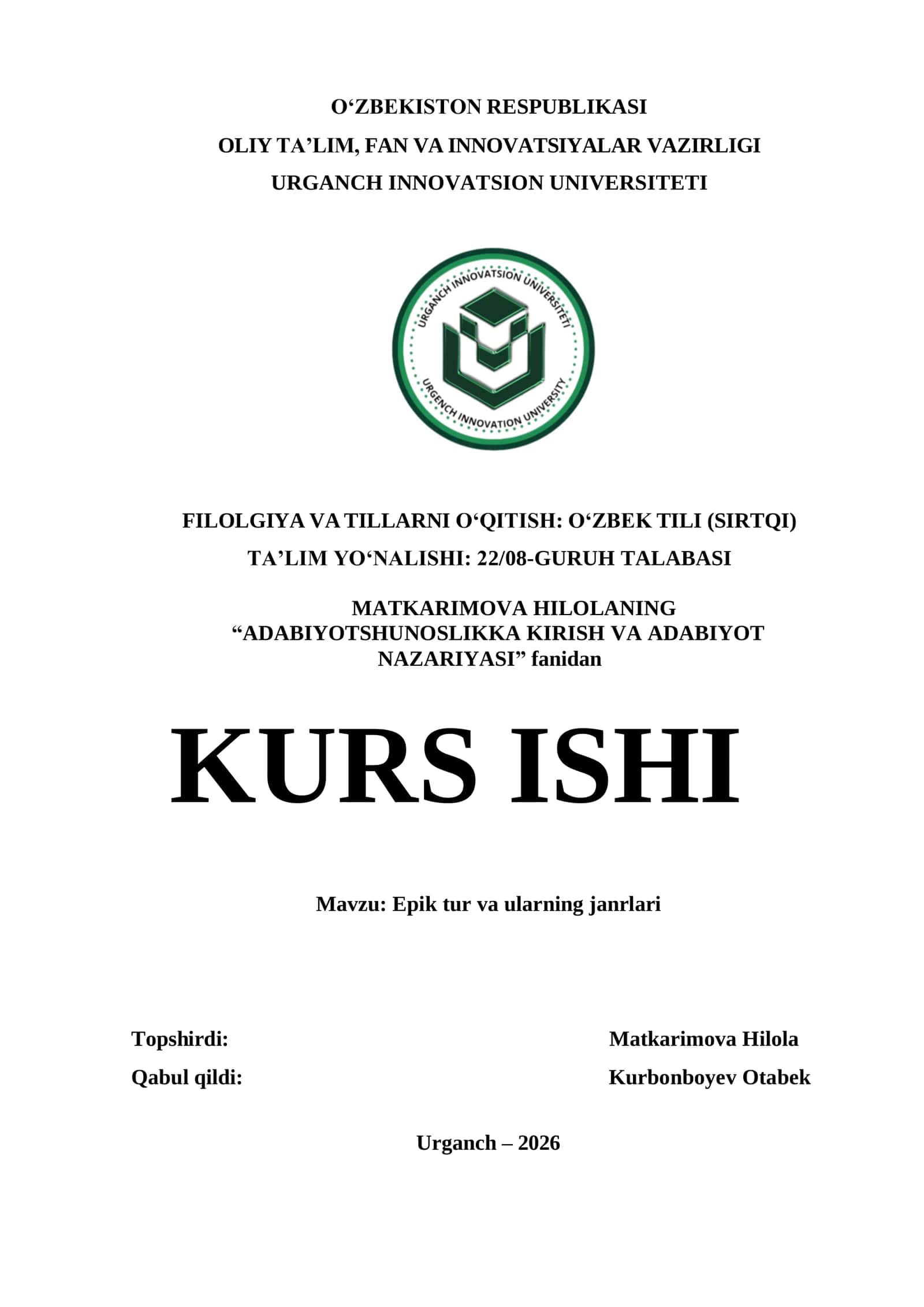 KURS ISHI: EPIK TUR VA ULARNING JANRLARI