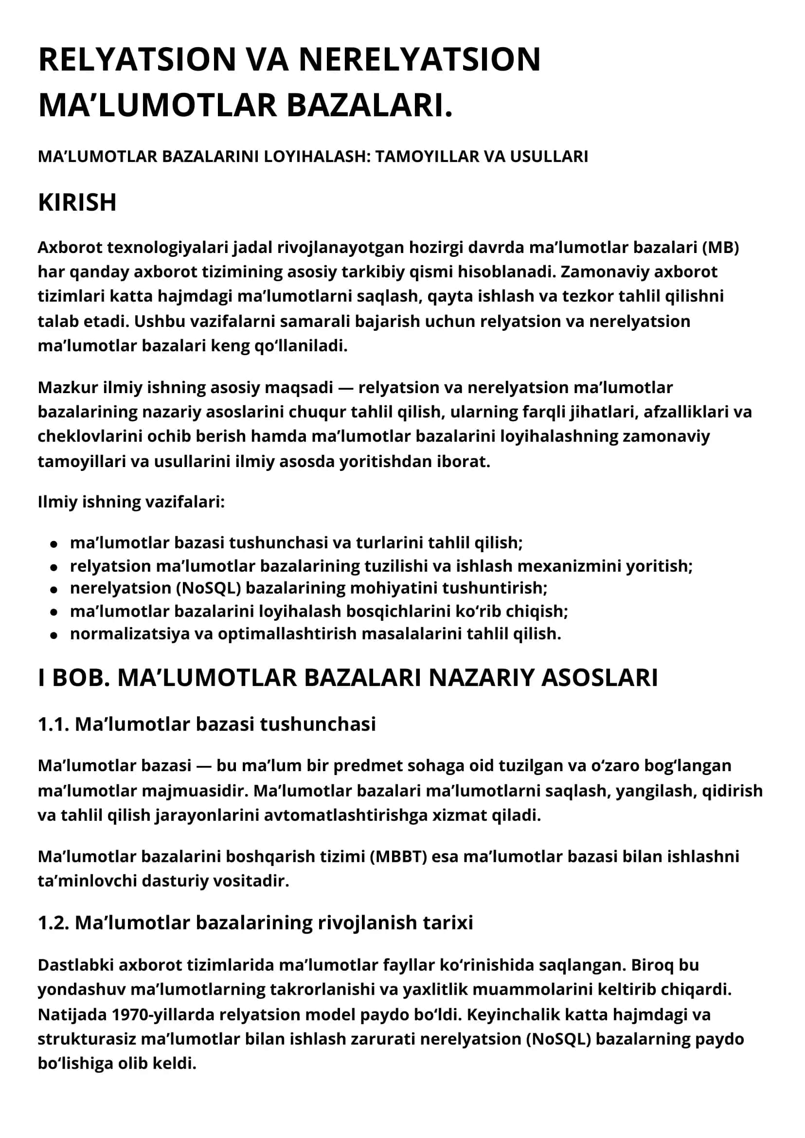 RELYATSION VA NERELYATSION MA’LUMOTLAR BAZALARI