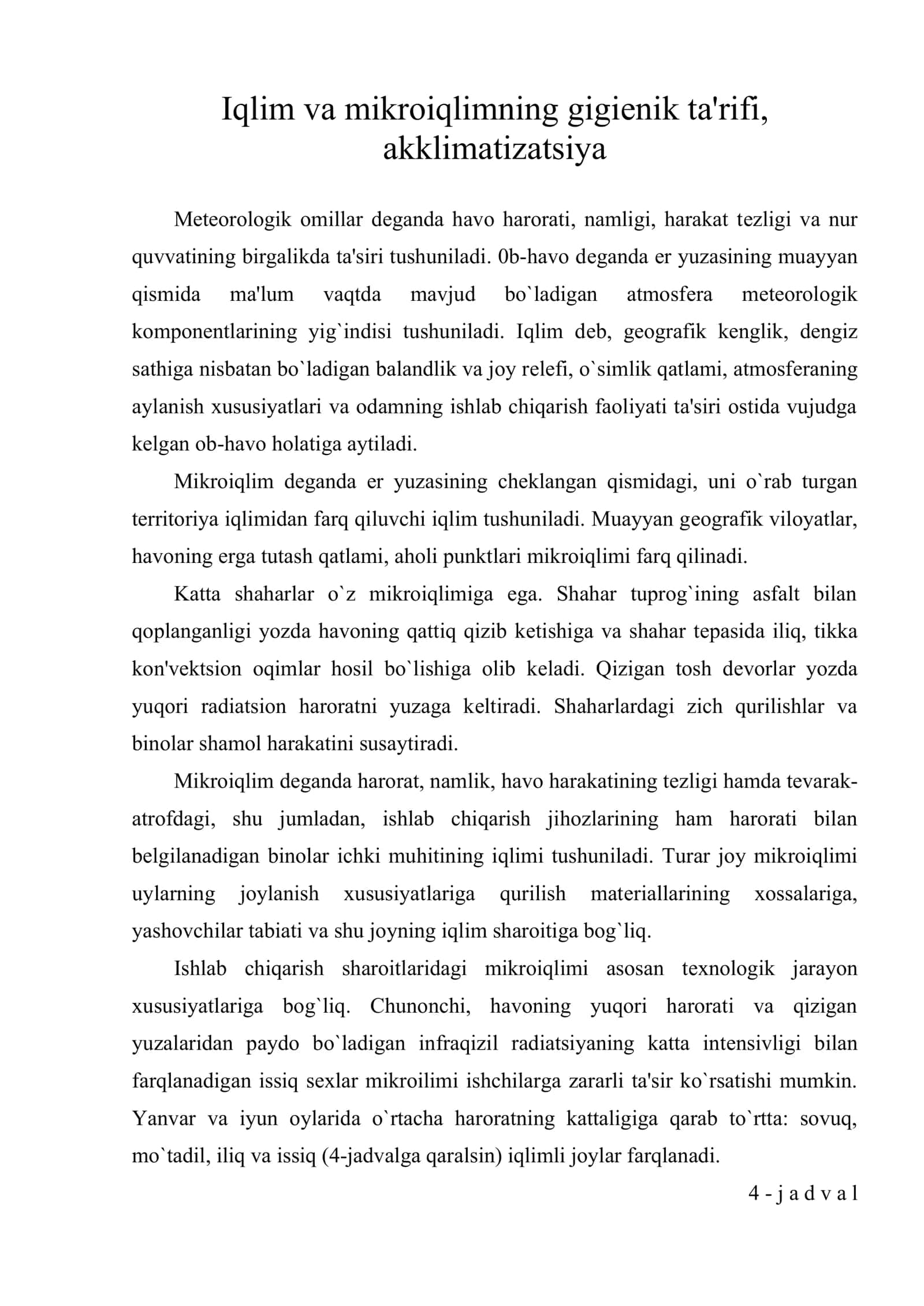 Iqlim va mikroiqlimning gigiyenik ta'rifi, akklimatizatsiya