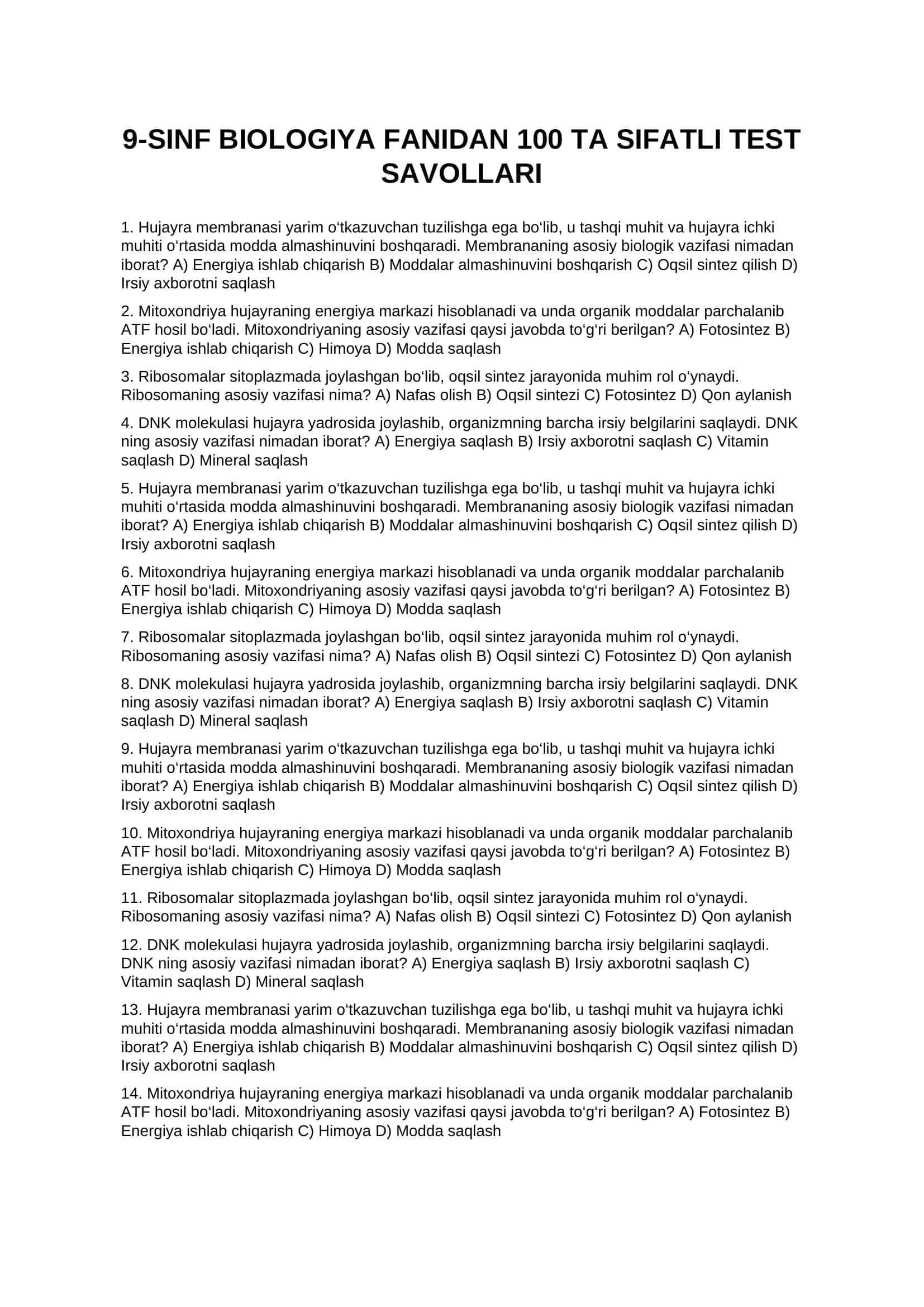 9-SINF BIOLOGIYA FANIDAN 100 TA SIFATLI TEST SAVOLLARI