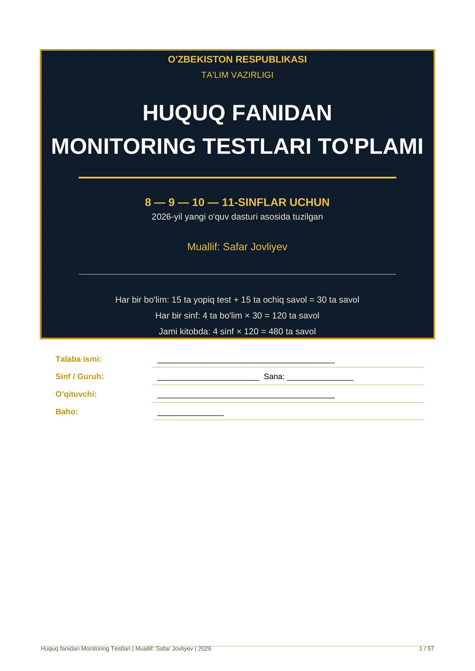 HUQUQ FANIDAN MONITORING TESTLARI TO'PLAMI