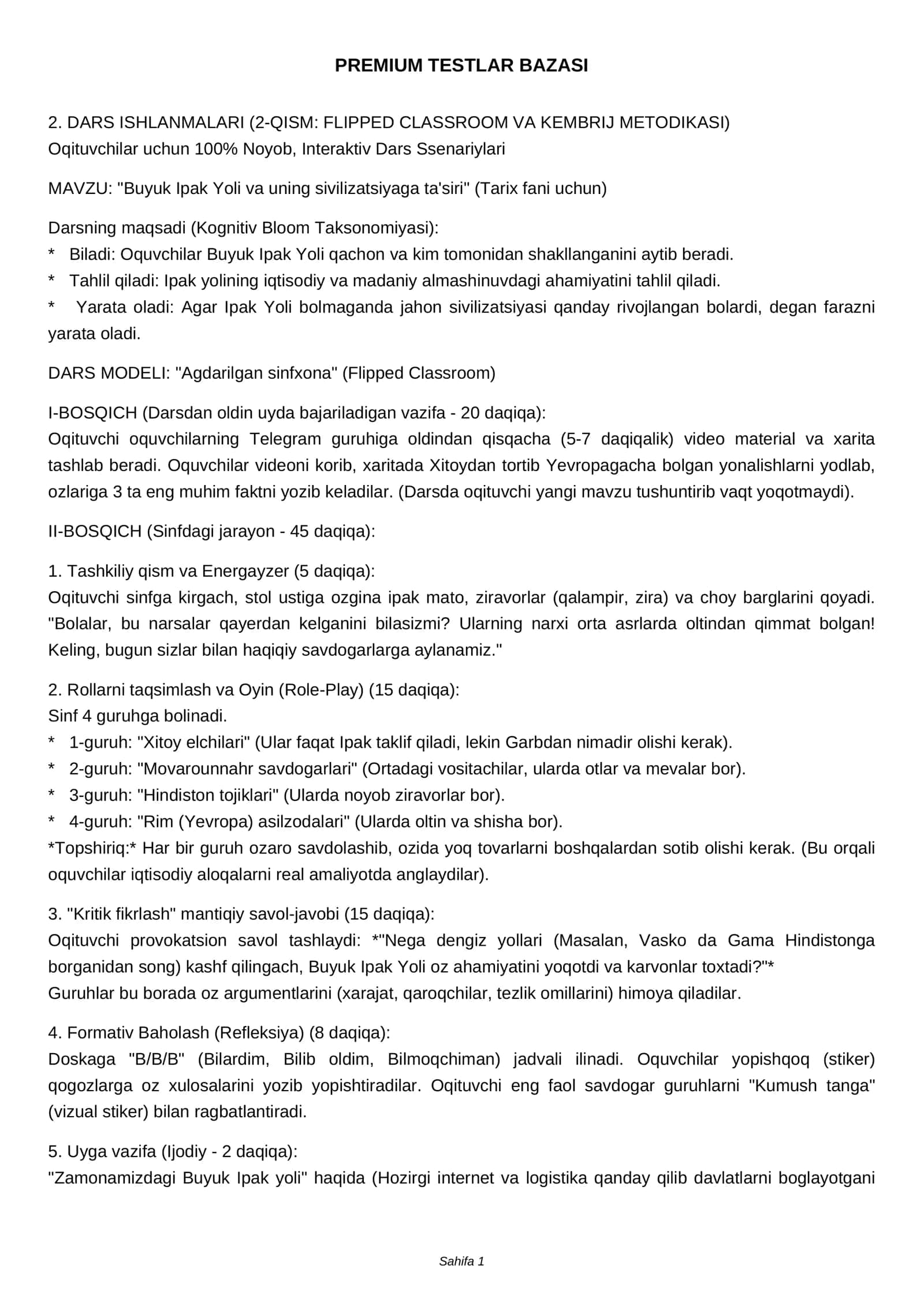 DARS ISHLANMALARI (2-QISM: FLIPPED CLASSROOM VA KEMBRIJ METODIKASI)