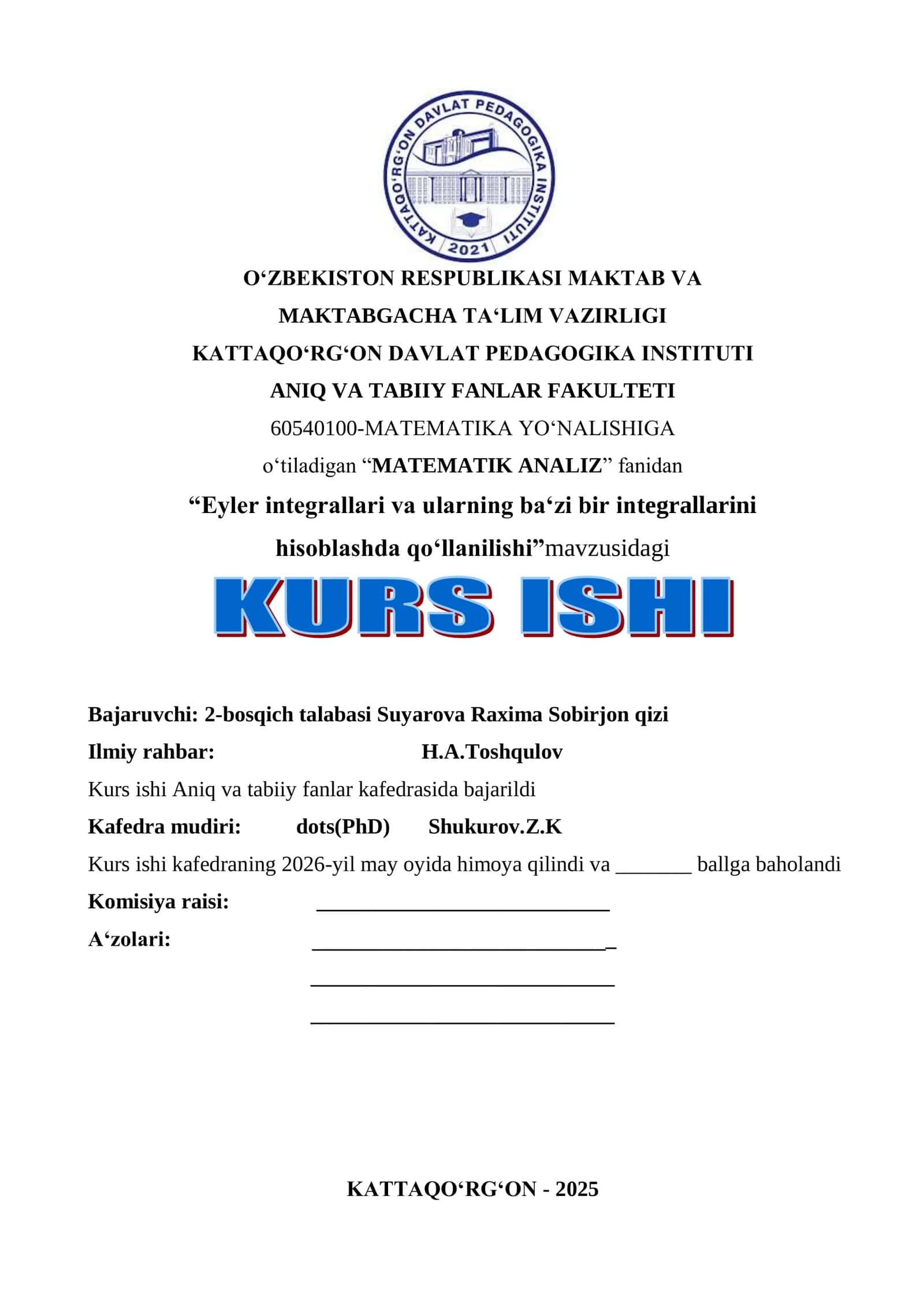 Eyler integrallari va ularning bir qo‘llanilishi