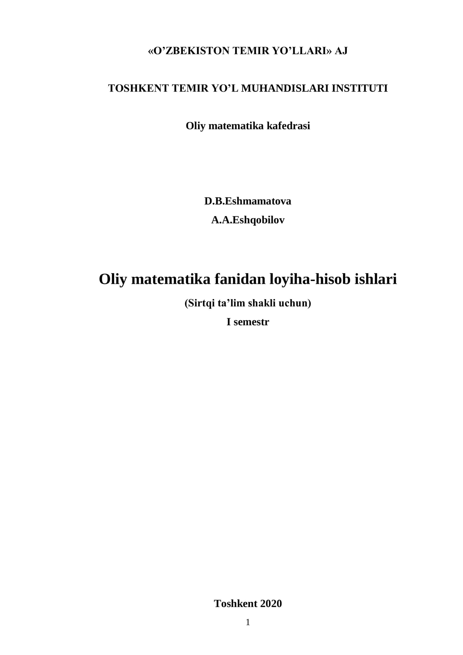 Oliy matematika fanidan loyiha-hisob ishlari