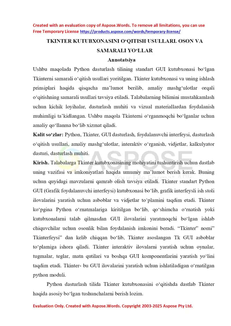 Tkinter kutubxonasini o'qitish usullari