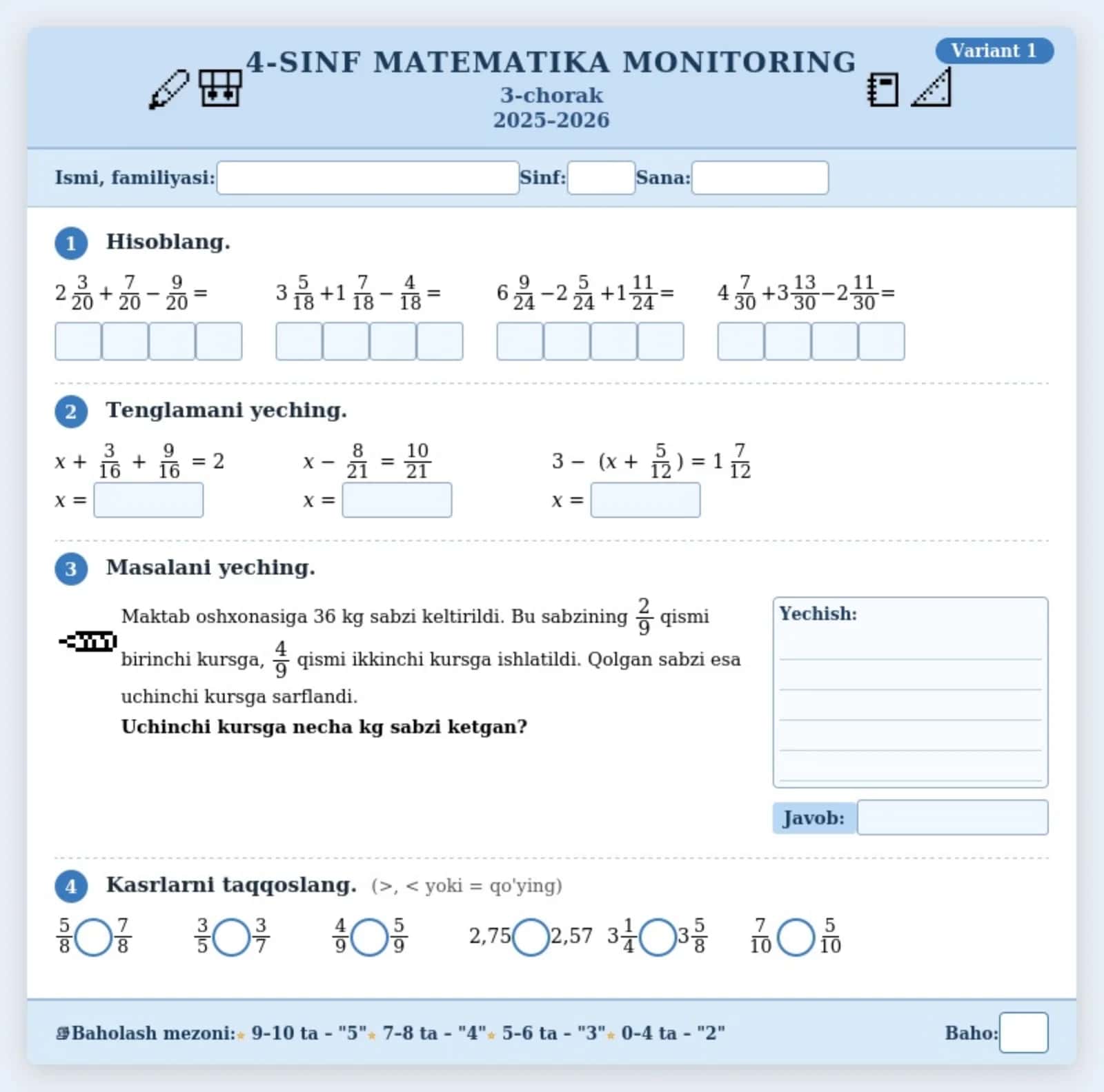 4-sinf o'quvchilariga matematika fanidan monitoring misol va masalalar (30 ta variant).