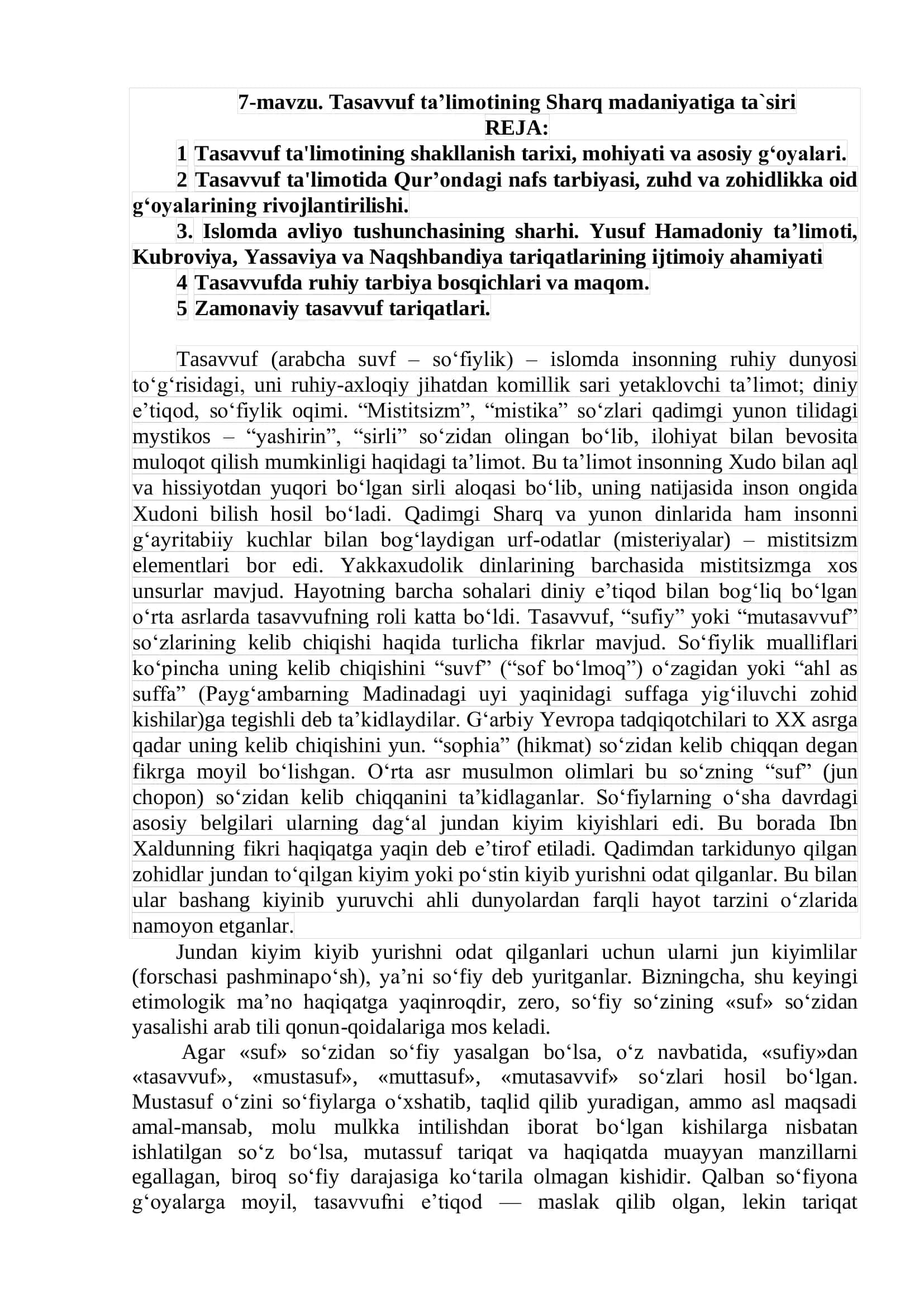 Tasavvuf ta'limotining Sharq madaniyatiga ta`siri