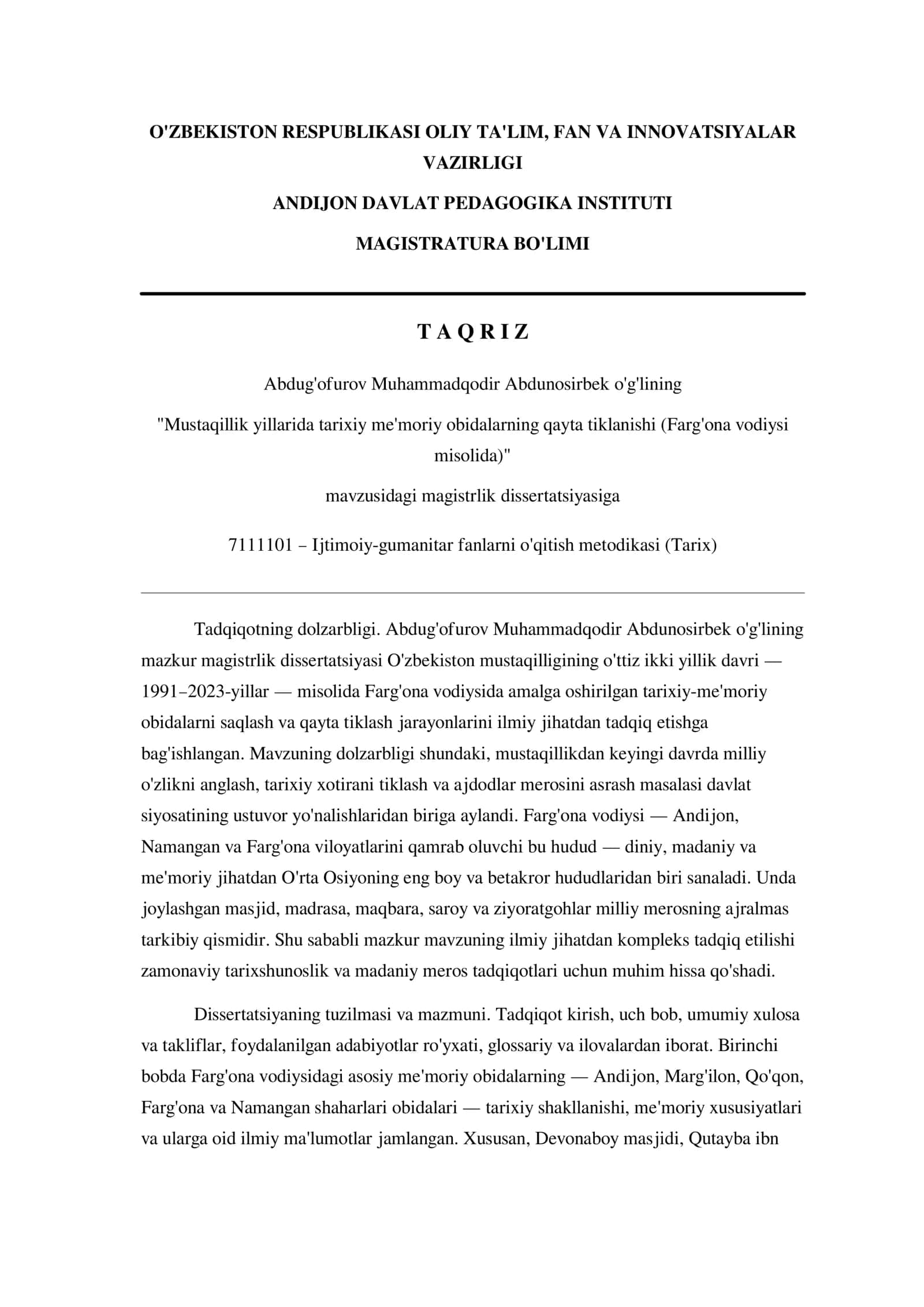 Mustaqillik yillarida tarixiy me'moriy obidalarning qayta tiklanishi (Farg'ona vodiysi misolida)