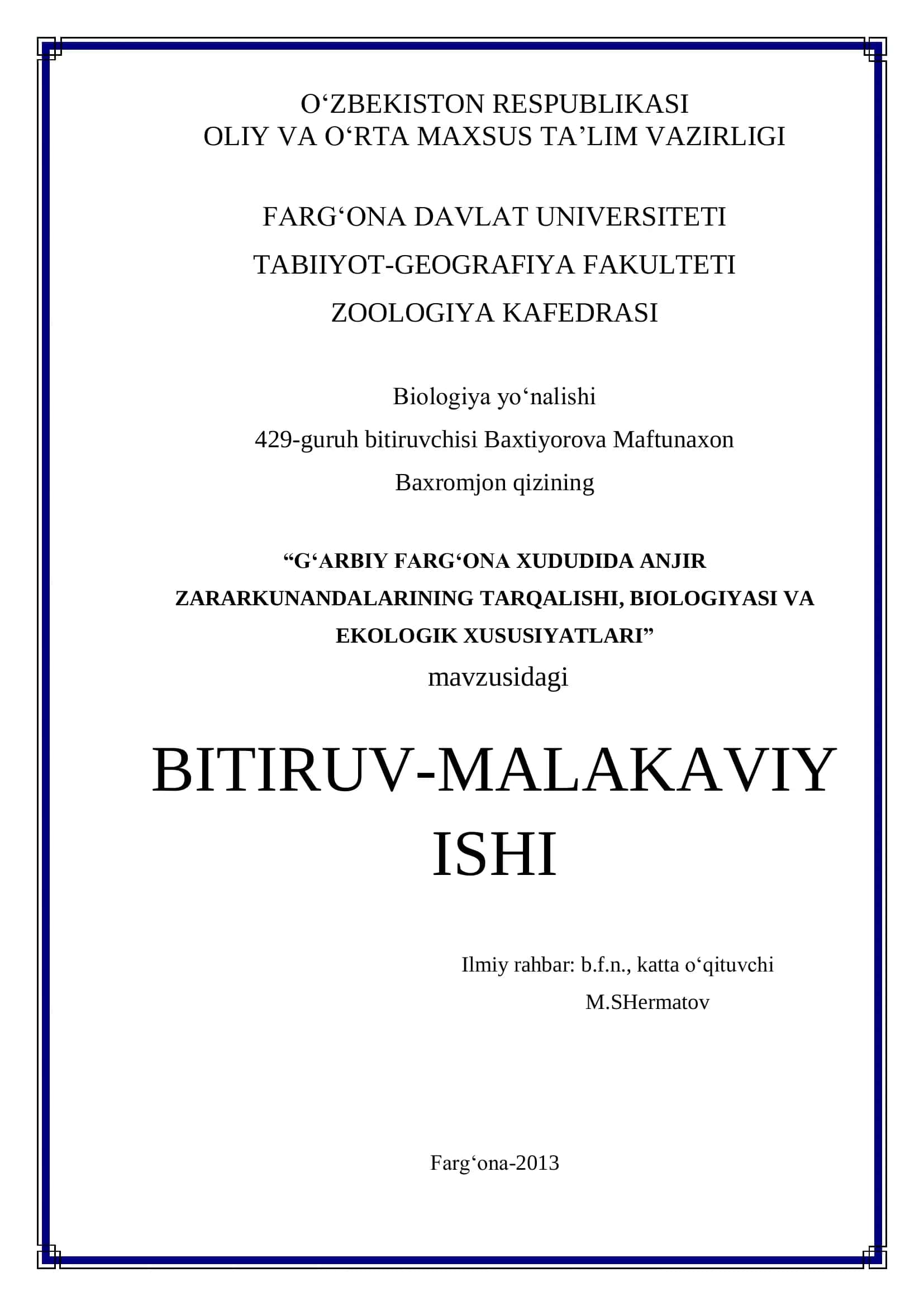 G‘arbiy Farg‘ona xududida anjir zararkunandalarining tarqalishi, biologiyasi va ekologik xususiyatlari