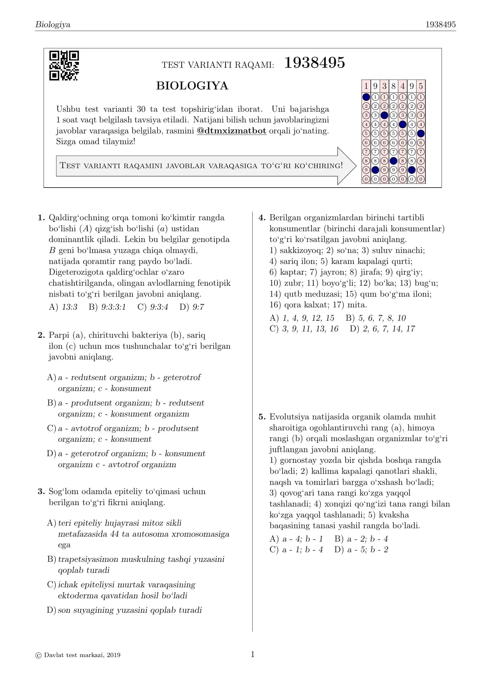 BIOLOGIYA TEST VARIANTI RAQAMI: 1938495
