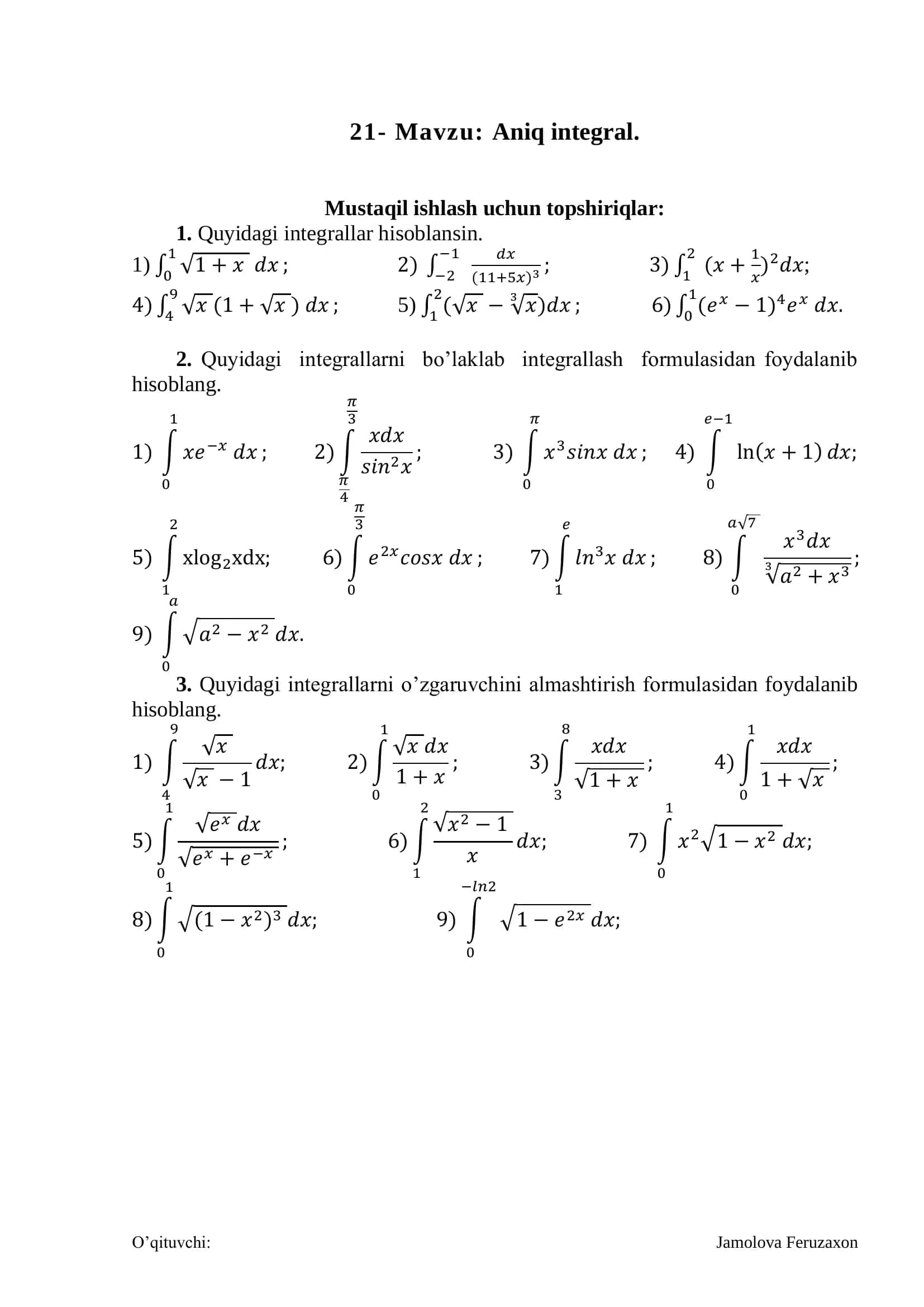 Mavzu: Aniq integral