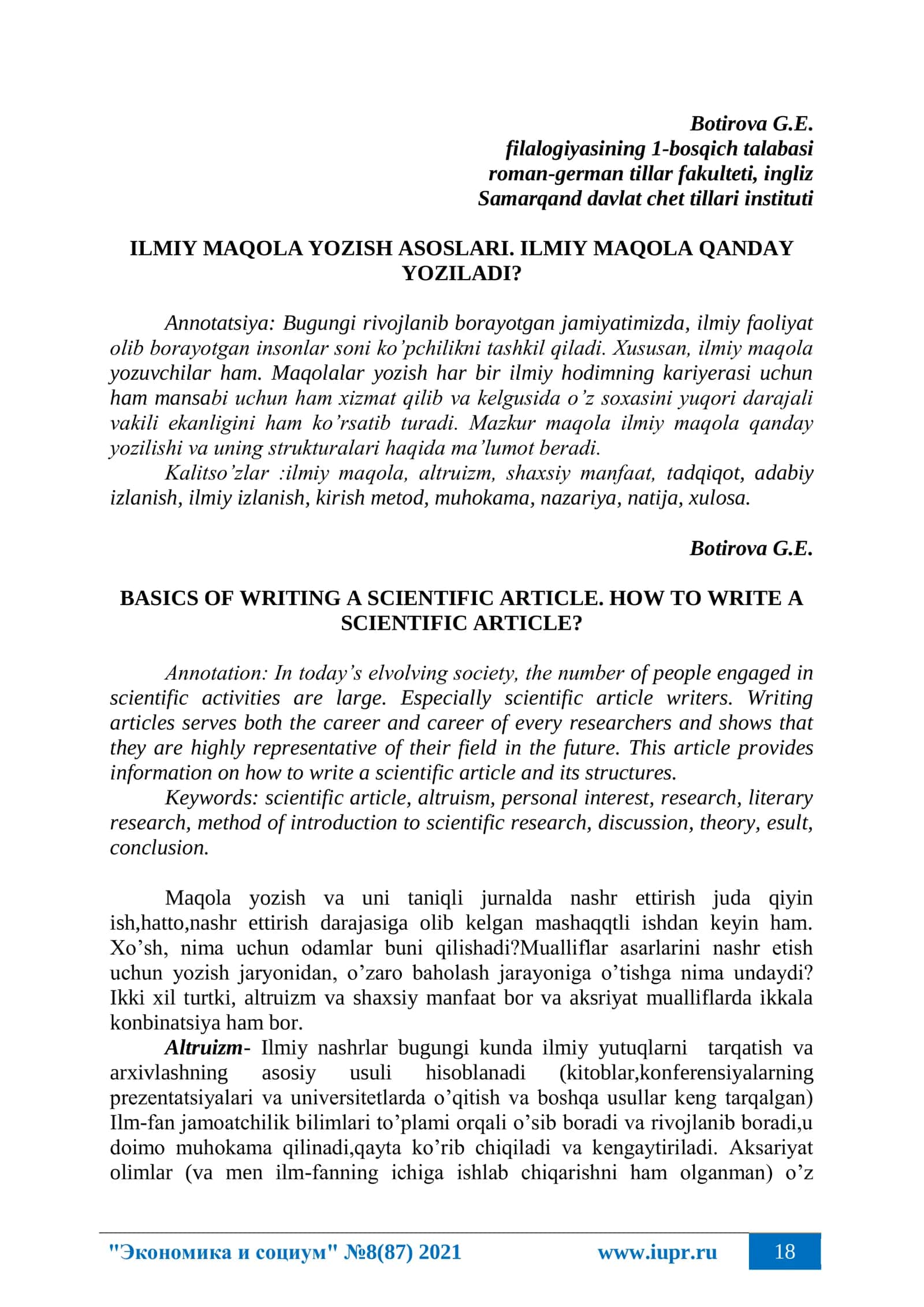 BASICS OF WRITING A SCIENTIFIC ARTICLE