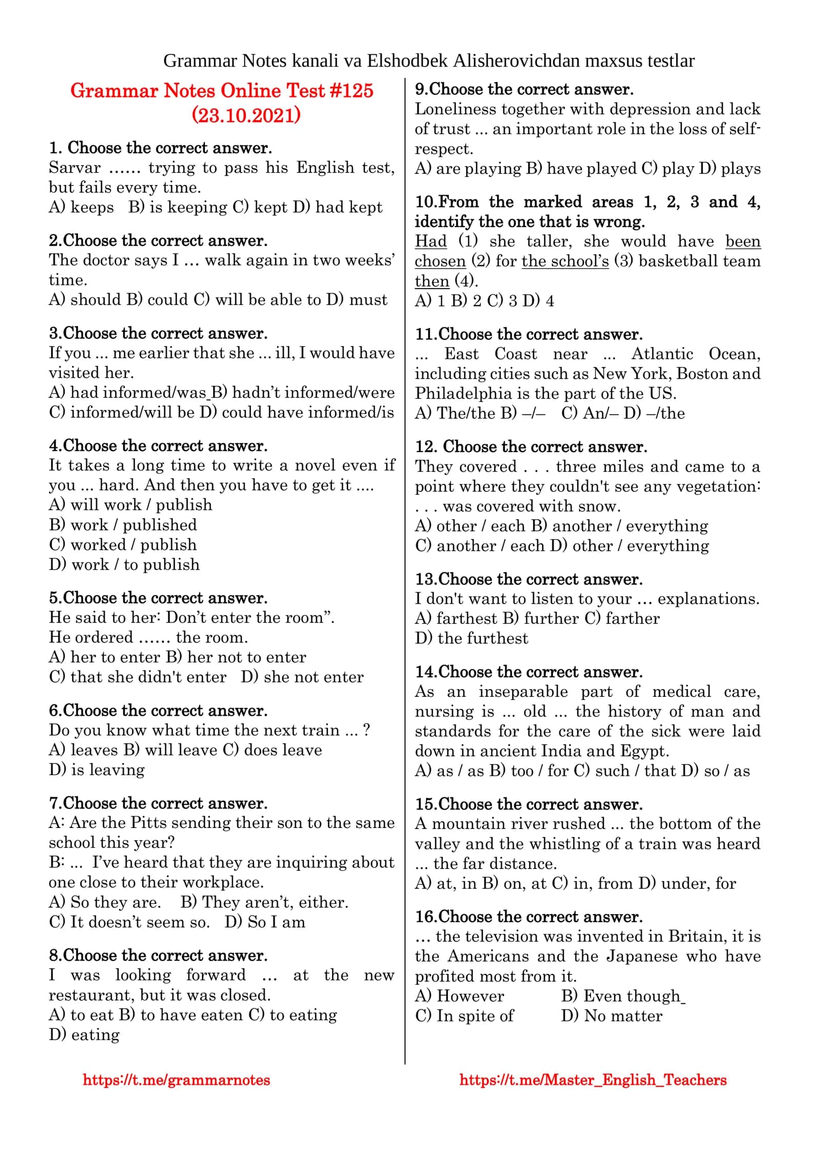 Grammar Notes Online Test #125