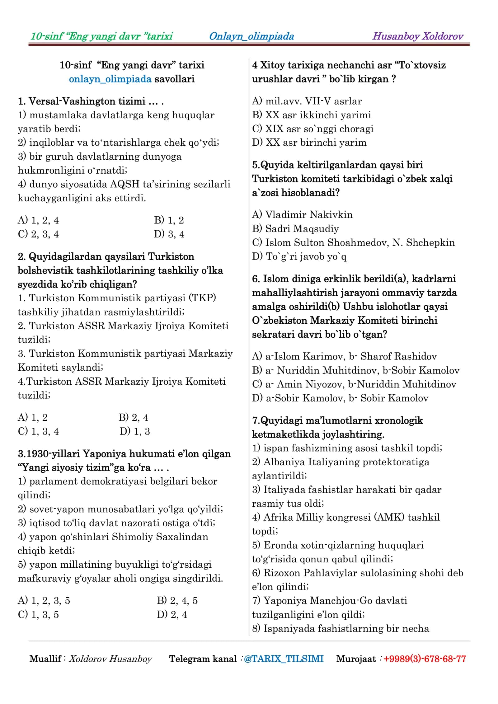 10-sinf “Eng yangi davr” tarixi Onlayn_olimpiada Husanboy Xoldorov