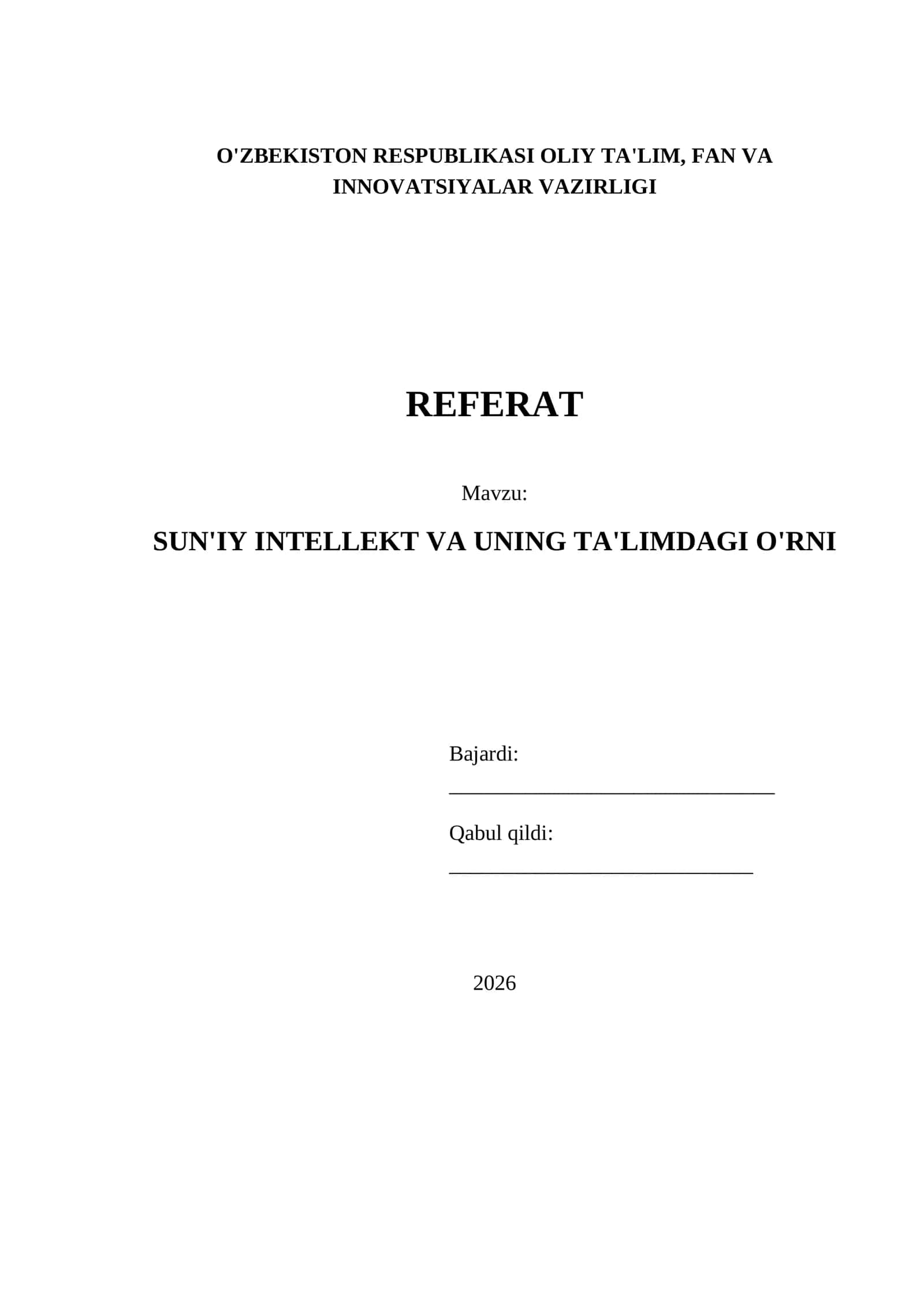 SUN'IY INTELLEKT VA UNING TA'LIMDAGI O'RNI