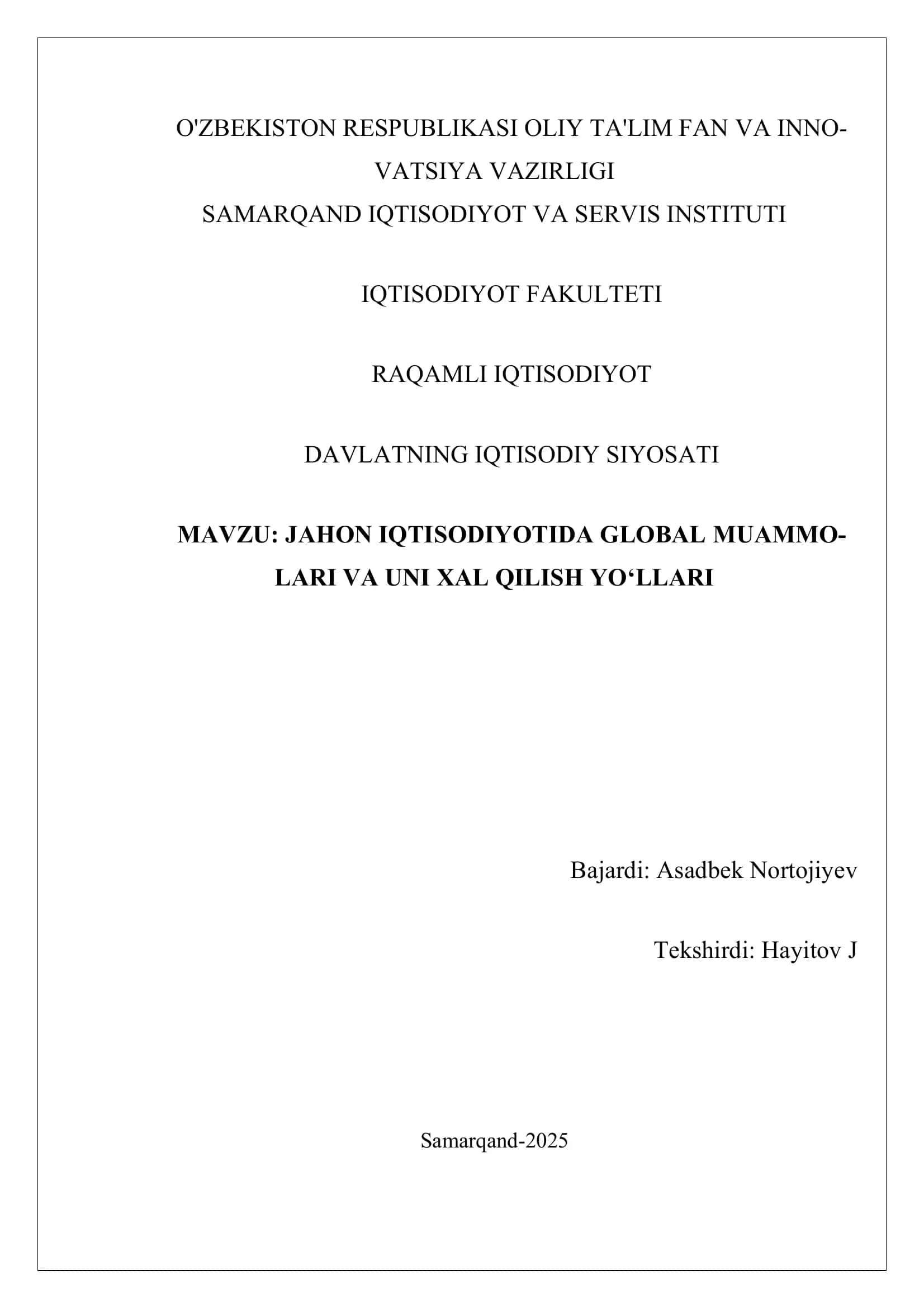 DAVALATNING IQTISODIY SIYOSATI