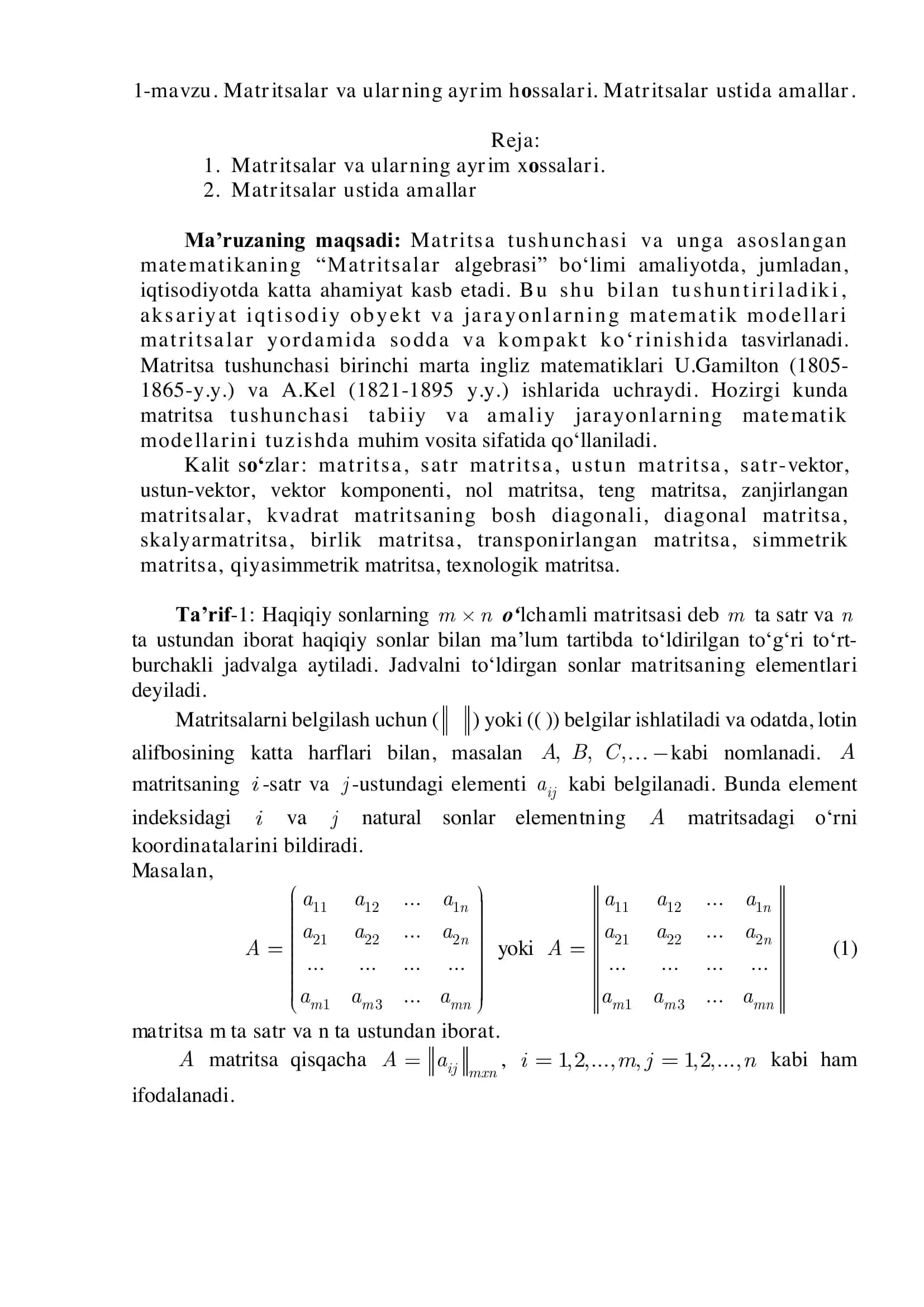 Matritsalar algebrasi