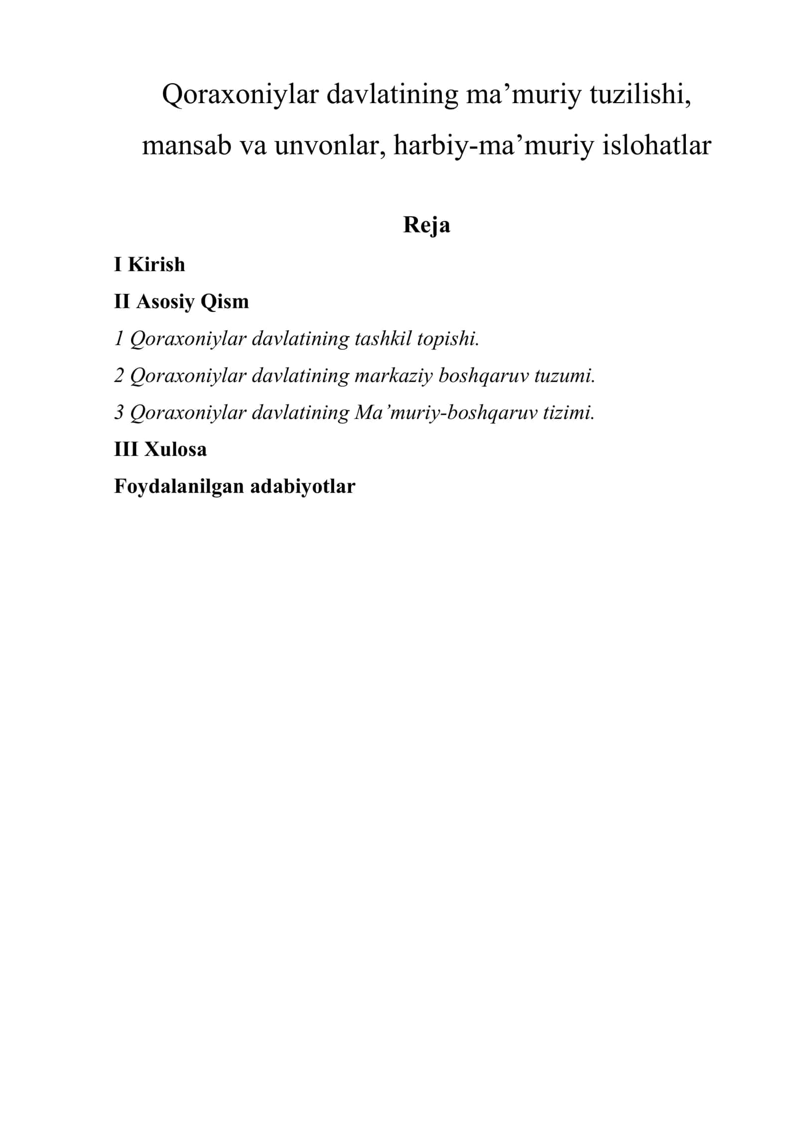Qoraxoniylar davlatining ma’muriy tuzilishi, mansab va unvonlar, harbiy-ma’muriy islohatlar