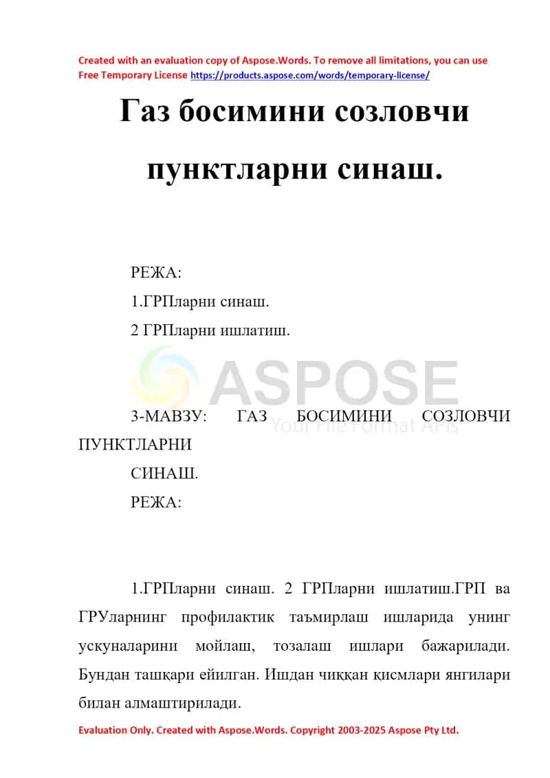 Gaz bosimini sozlovchi punktlarni sinash