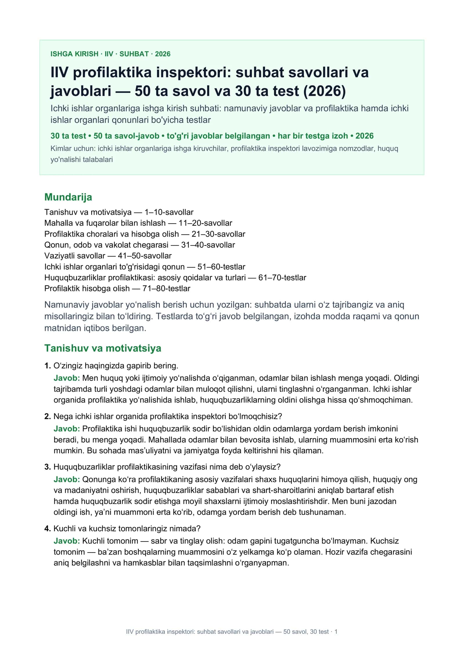 IIV profilaktika inspektori: suhbat savollari va javoblari