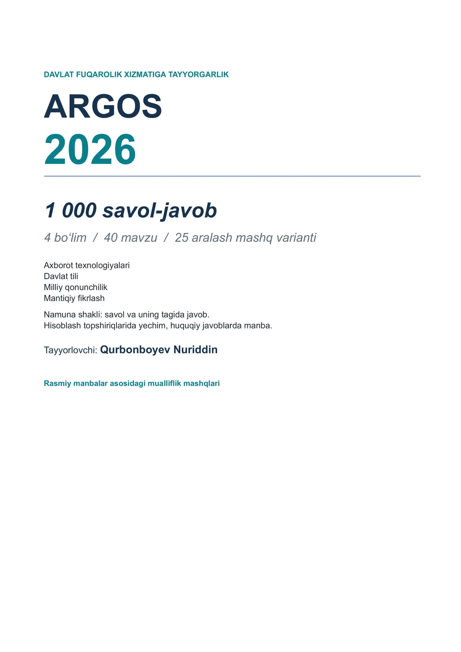 ARGOS 1000 ta test javoblari 2026