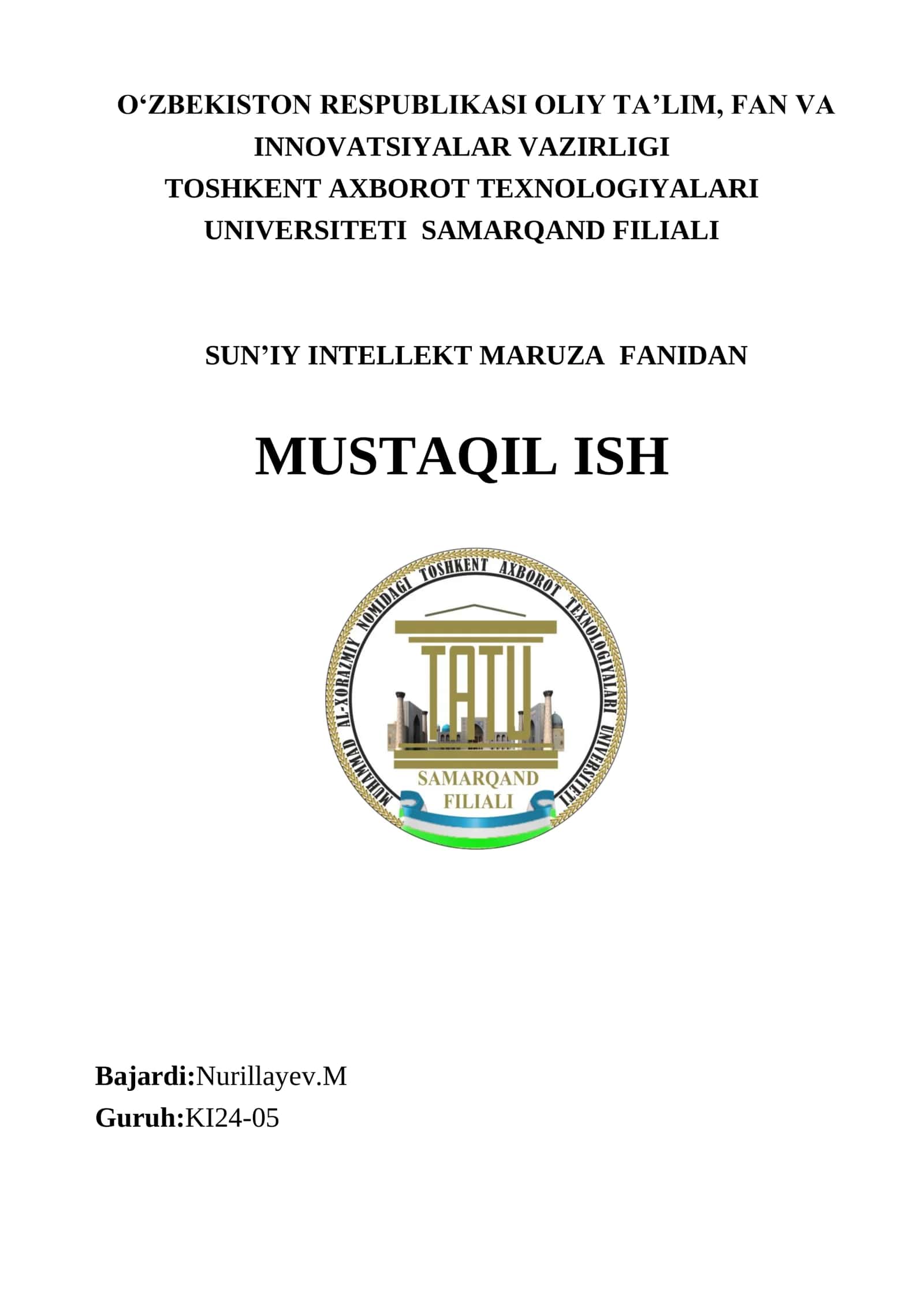 SUN’IY INTELLEKT MARUZA FANIDAN MUSTAQIL ISH
