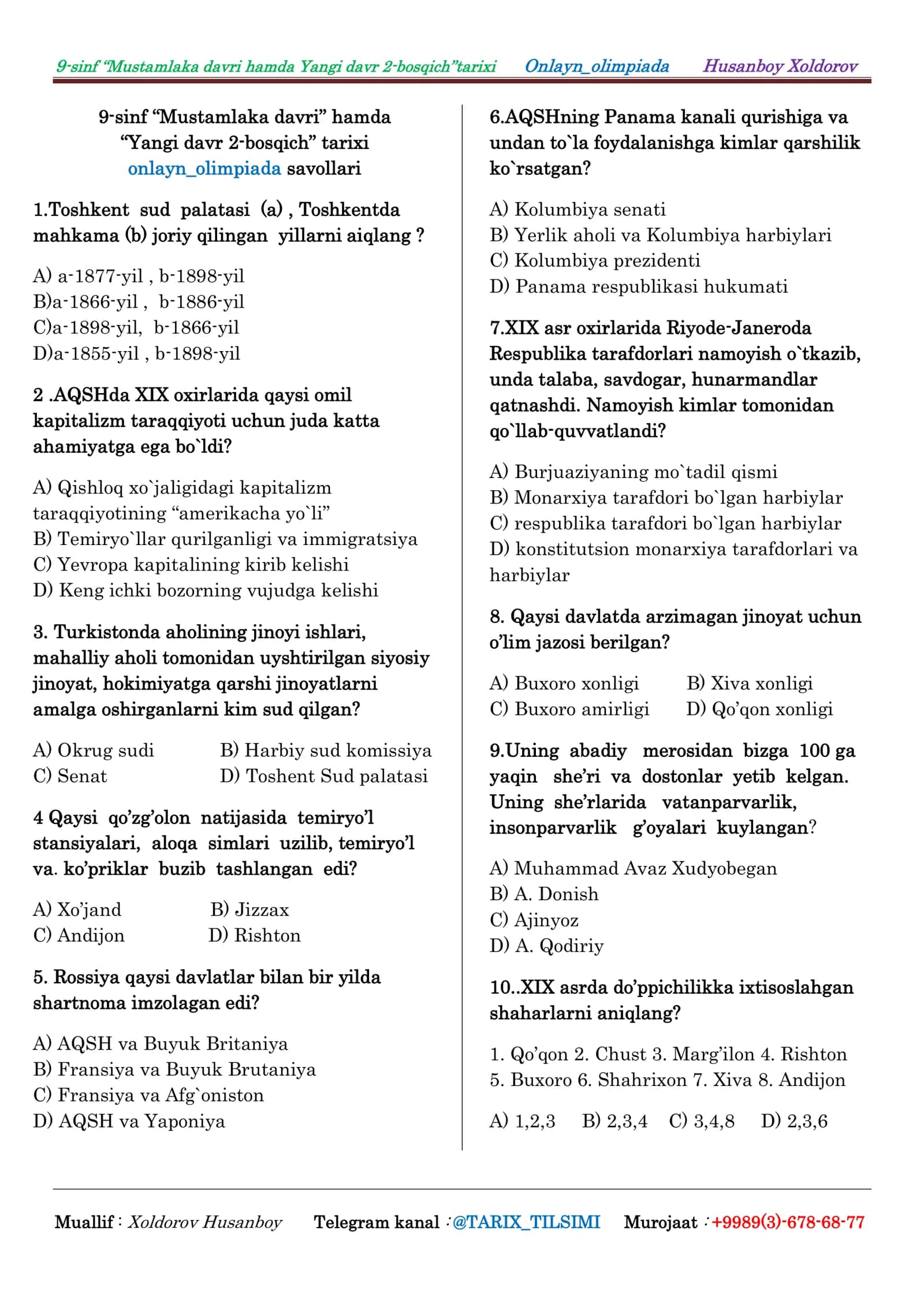 9-sinf “Mustamlaka davri hamda Yangi davr 2-bosqich”tarixi Onlayn_olimpiada Husanboy Xoldorov