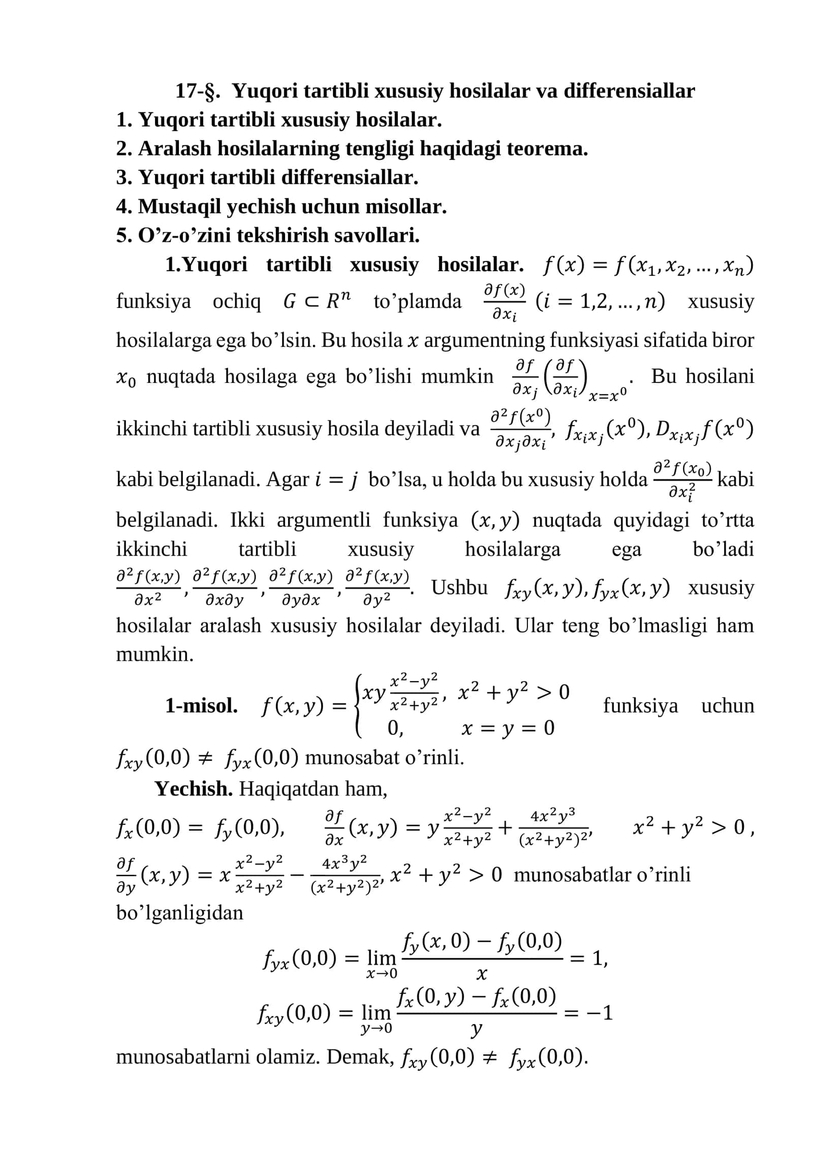 Yuqori tartibli xususiy hosilalar va differensiallar