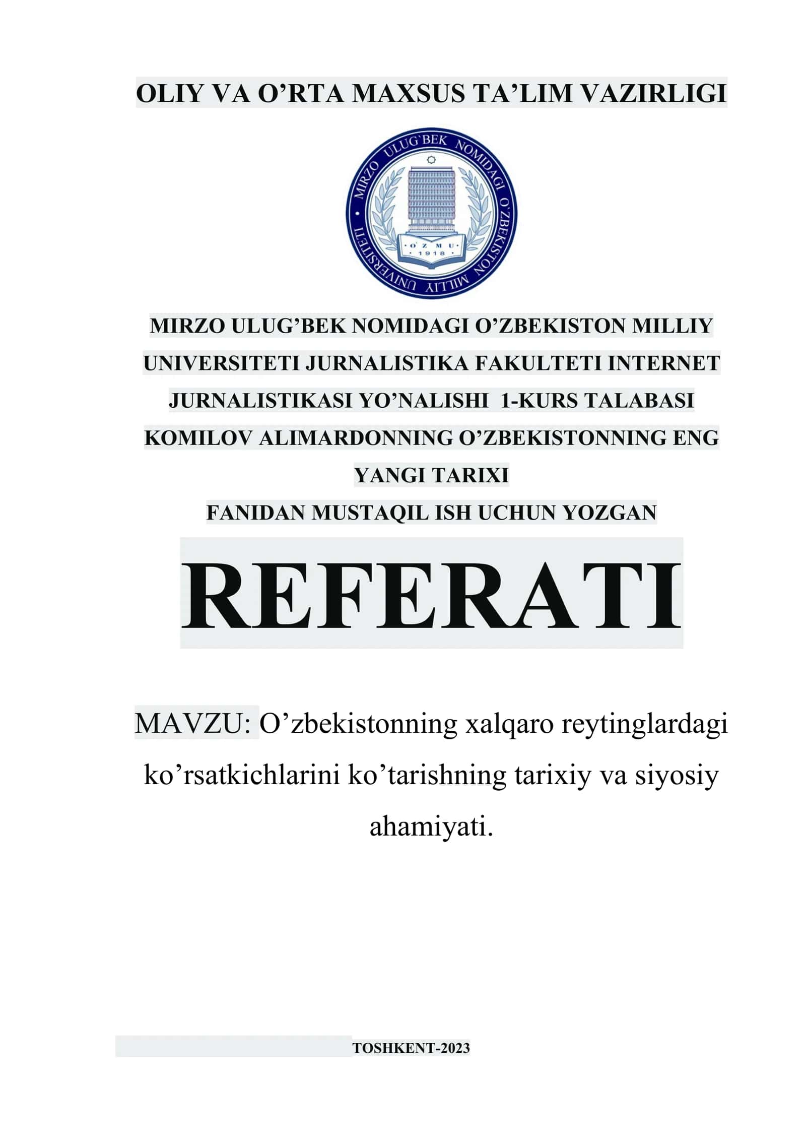O’zbekistonning eng yangi tarixi fanidan mustaqil ish uchun yozgan referati