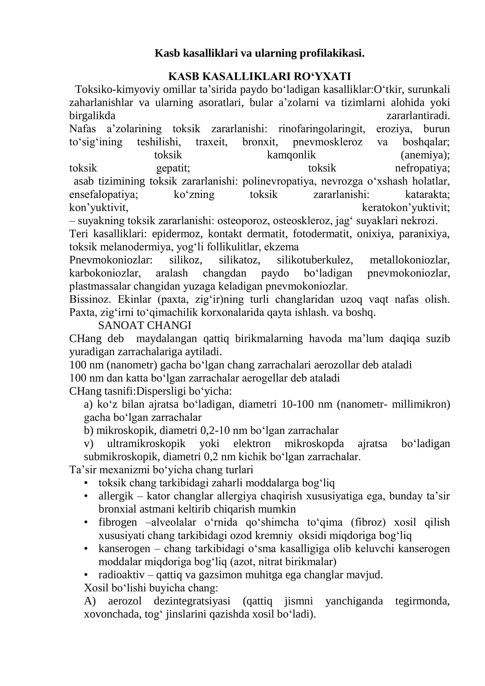 Kasb kasalliklari va ularning profilakikasi