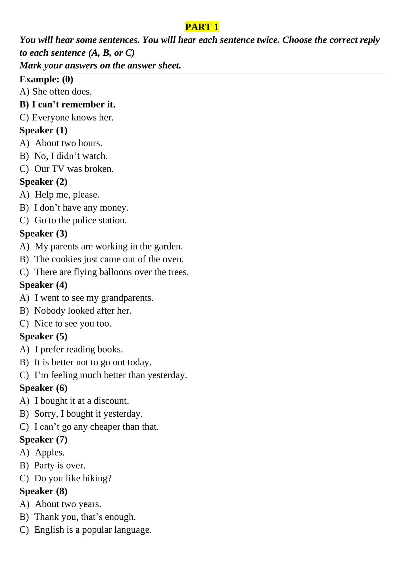 Part 1 Listening Comprehension Practice