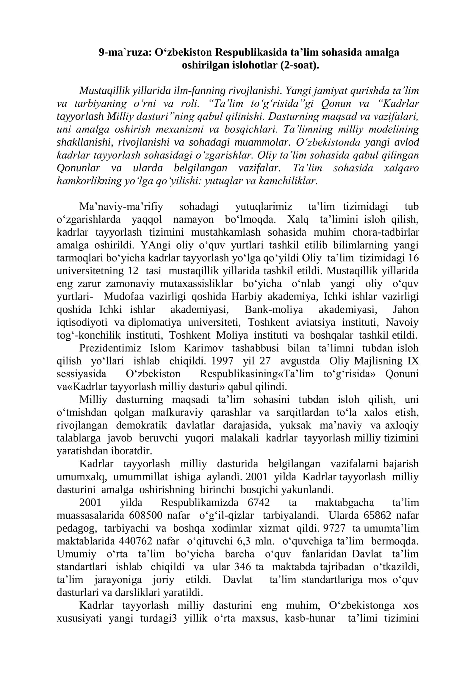 Ta’lim sohasida islohotlar