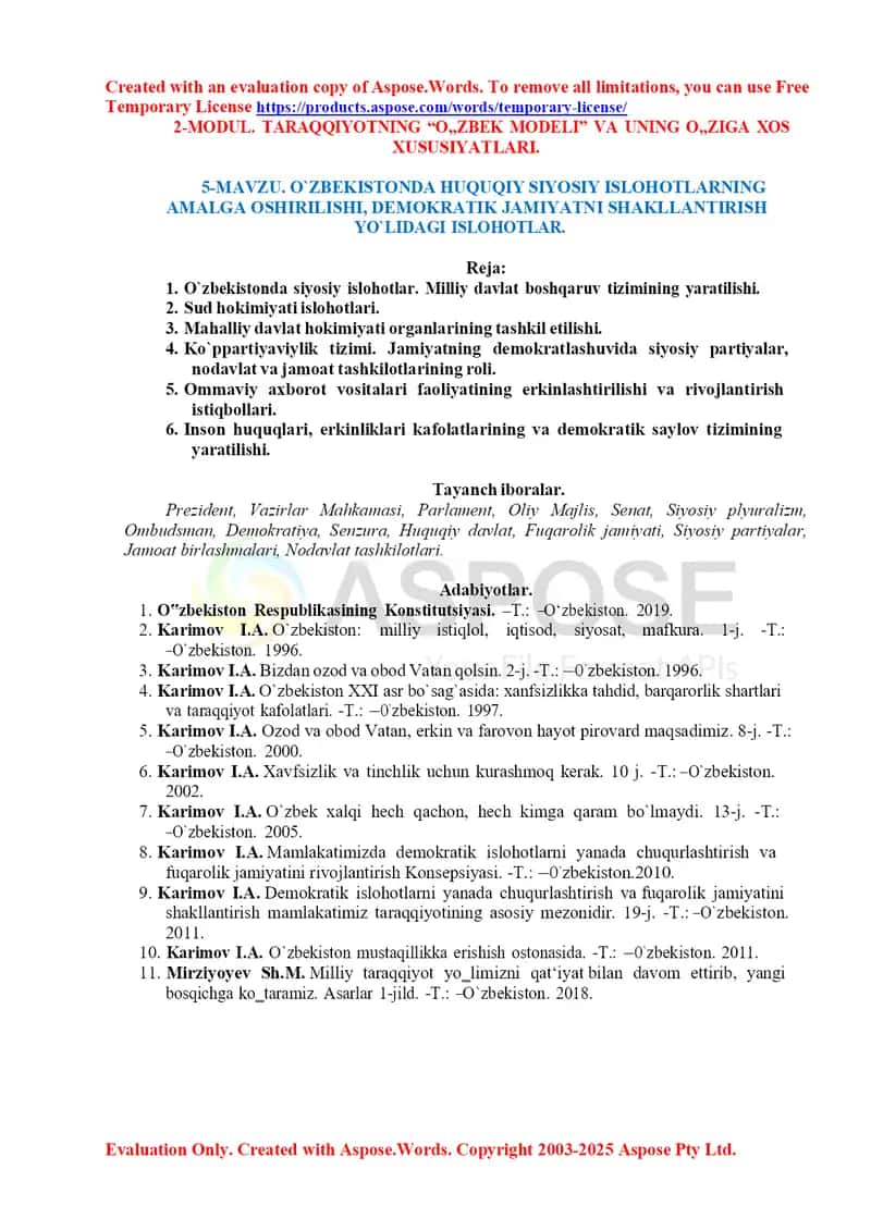 O‘zbekiston Respublikasida Prezidentlik institutining shakllanishi va rivojlanishi