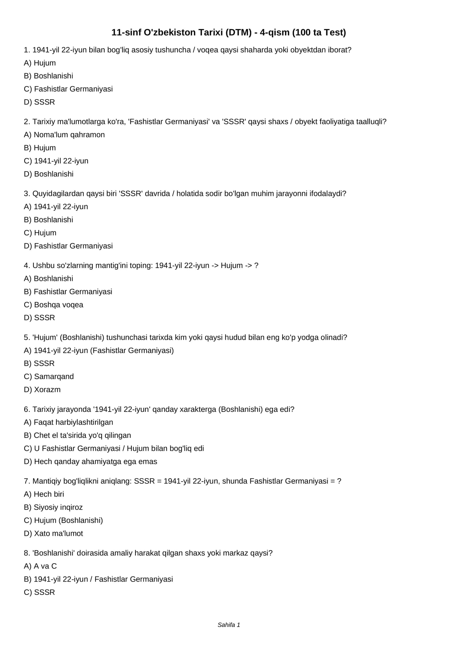 11-sinf O'zbekiston Tarixi (DTM) - 4-qism (100 ta Test)