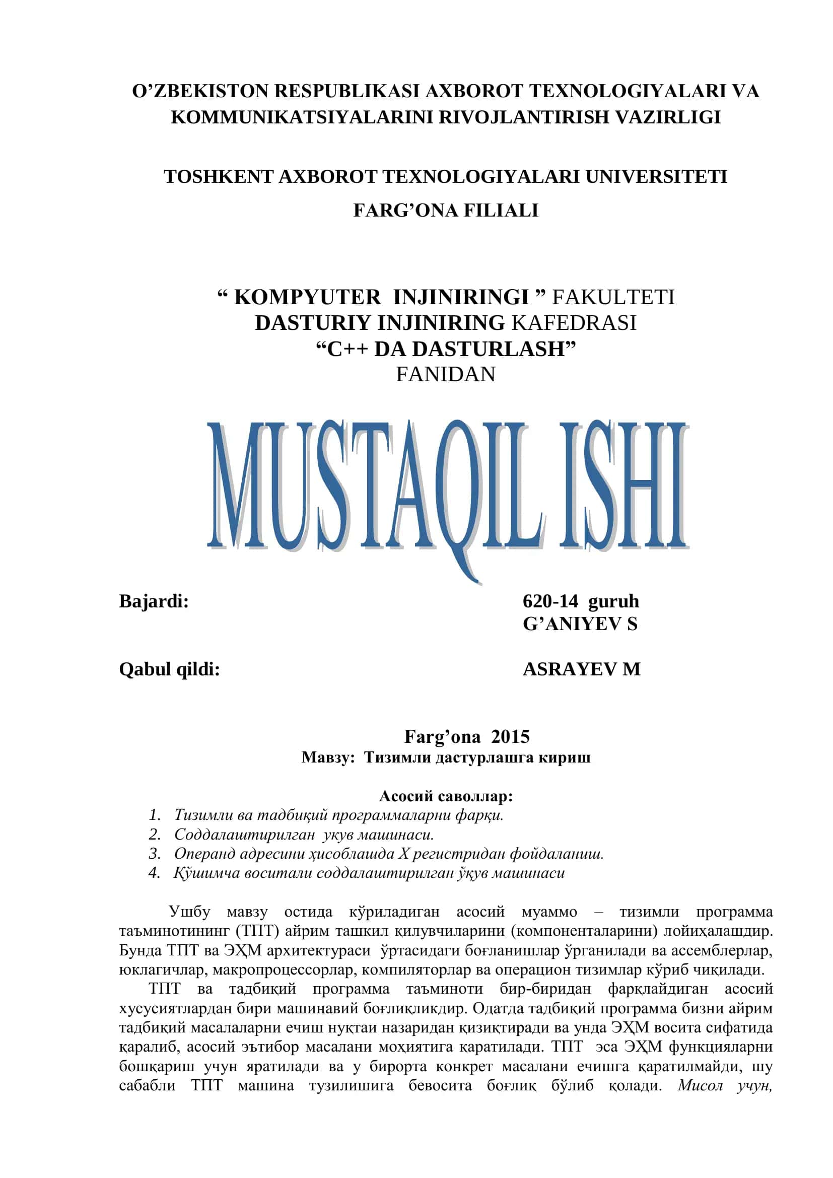 C++ DA DASTURLASH