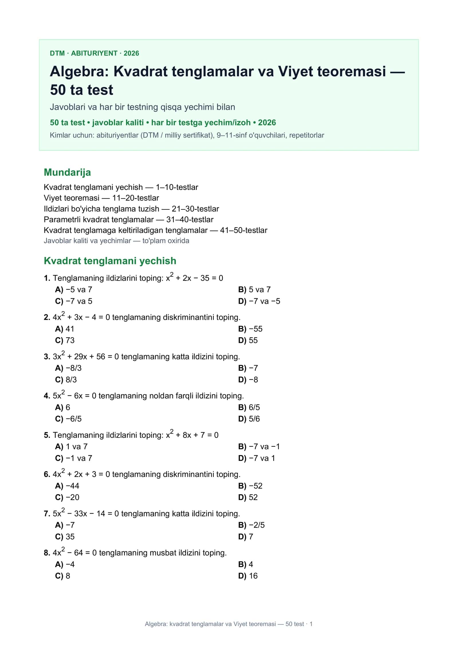 Algebra: Kvadrat tenglamalar va Viyet teoremasi