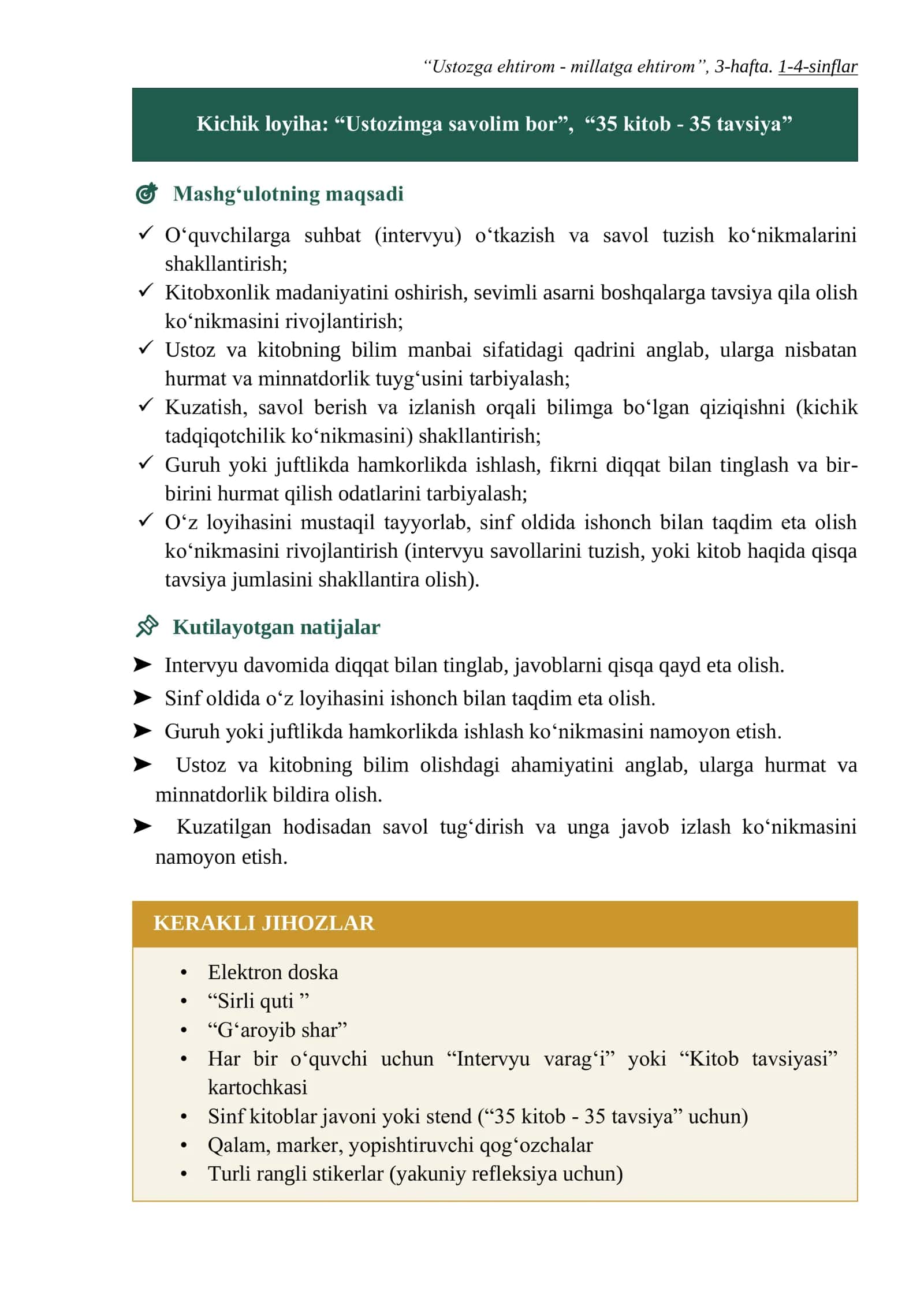 "Ustozga ehtirom - millatga ehtirom", 3-hafta. 1-4-sinflar