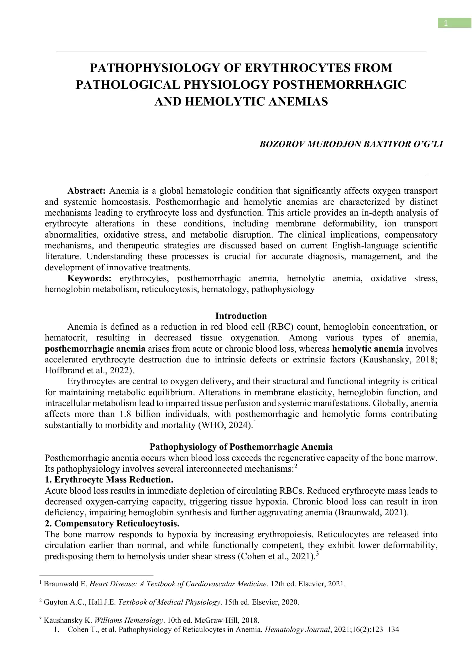 PATHOPHYSIOLOGY OF ERYTHROCYTES FROM PATHOLOGICAL PHYSIOLOGY POSTHEMORRHAGIC AND HEMOLYTIC ANEMIAS