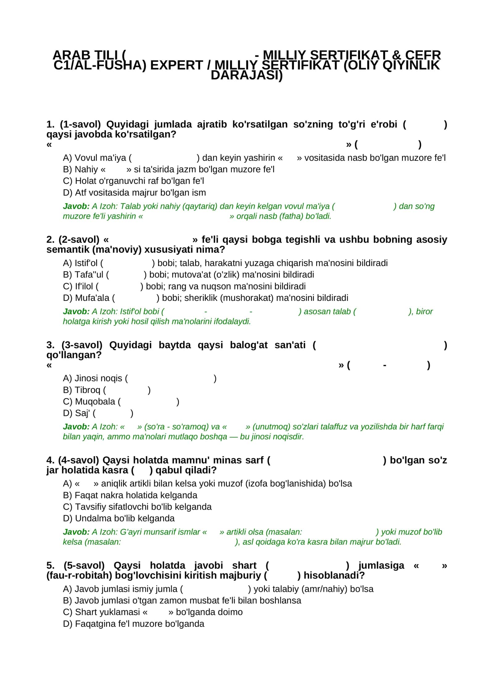 ARAB TILI (IIIII IIIIIII - MILLIY SERTIFIKAT & CEFR C1/AL-FUSHA) EXPERT / MILLIY SERTIFIKAT (OLIY QIYINLIK DARAJASI)