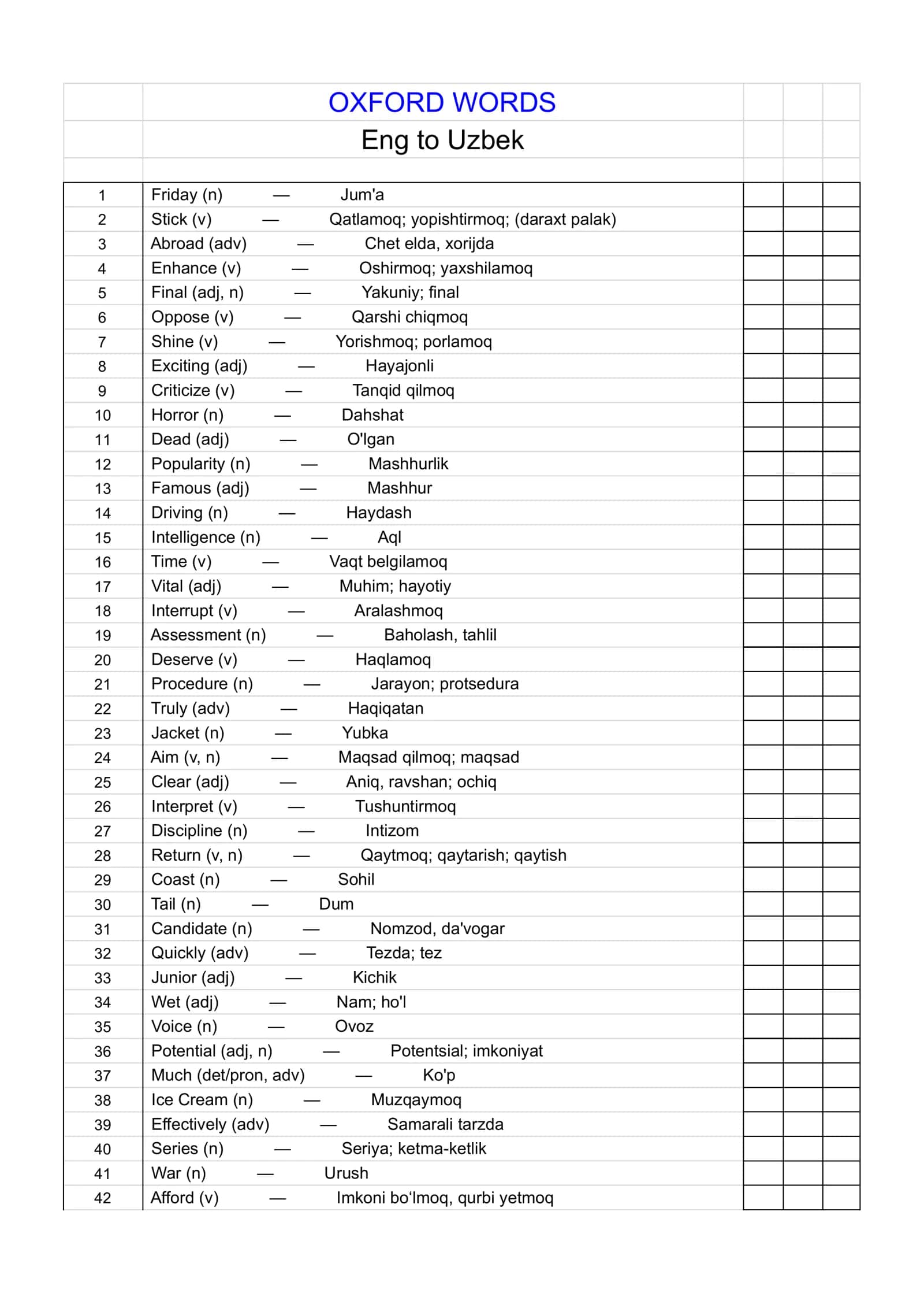 OXFORD WORDS IN UZBEK 3000