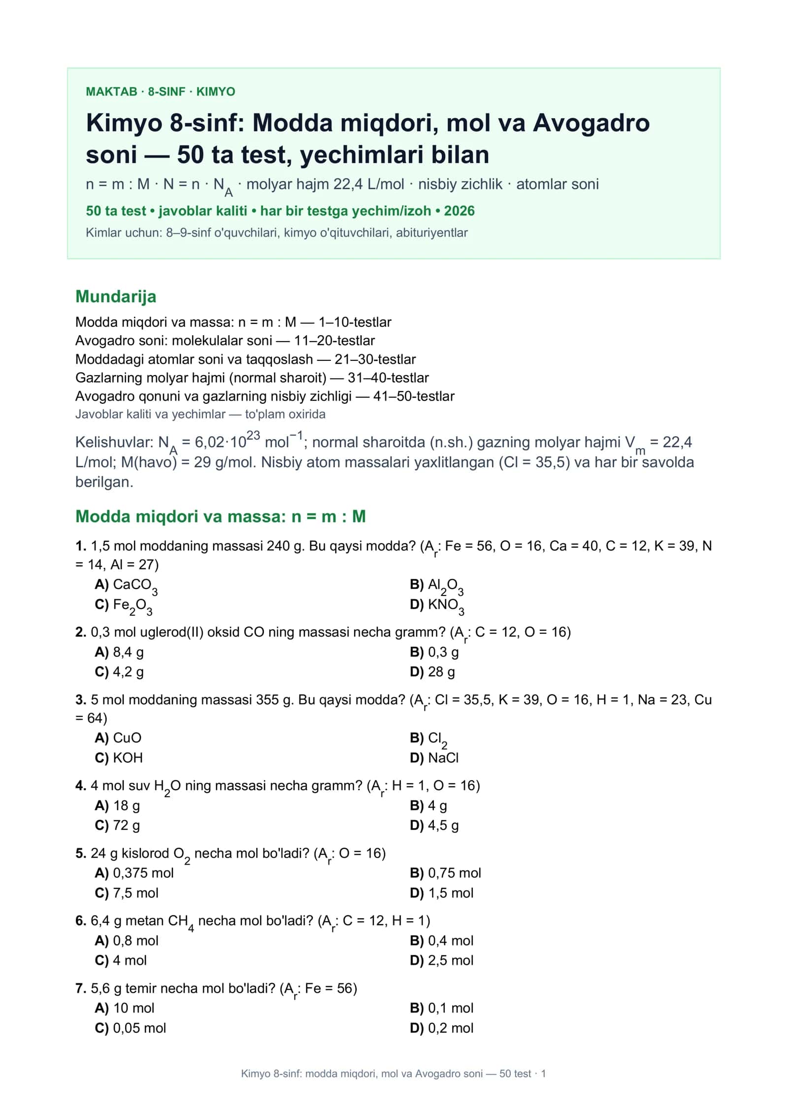 Kimyo 8-sinf: modda miqdori, mol va Avogadro soni — 50 test · 1